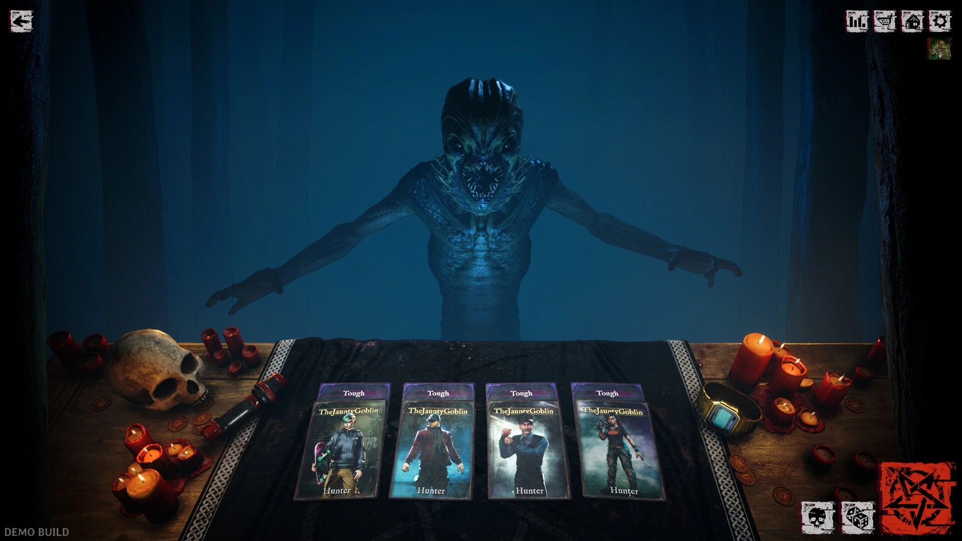 DEMONS: Dark ritual setting with menacing creature, four character cards, candles, and a skull on table.