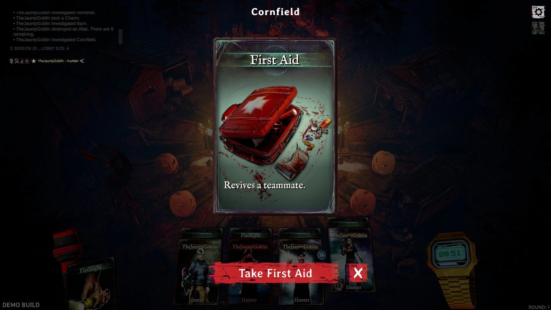 DEMONS: First Aid card selection in cornfield setting with pumpkins and player cards visible