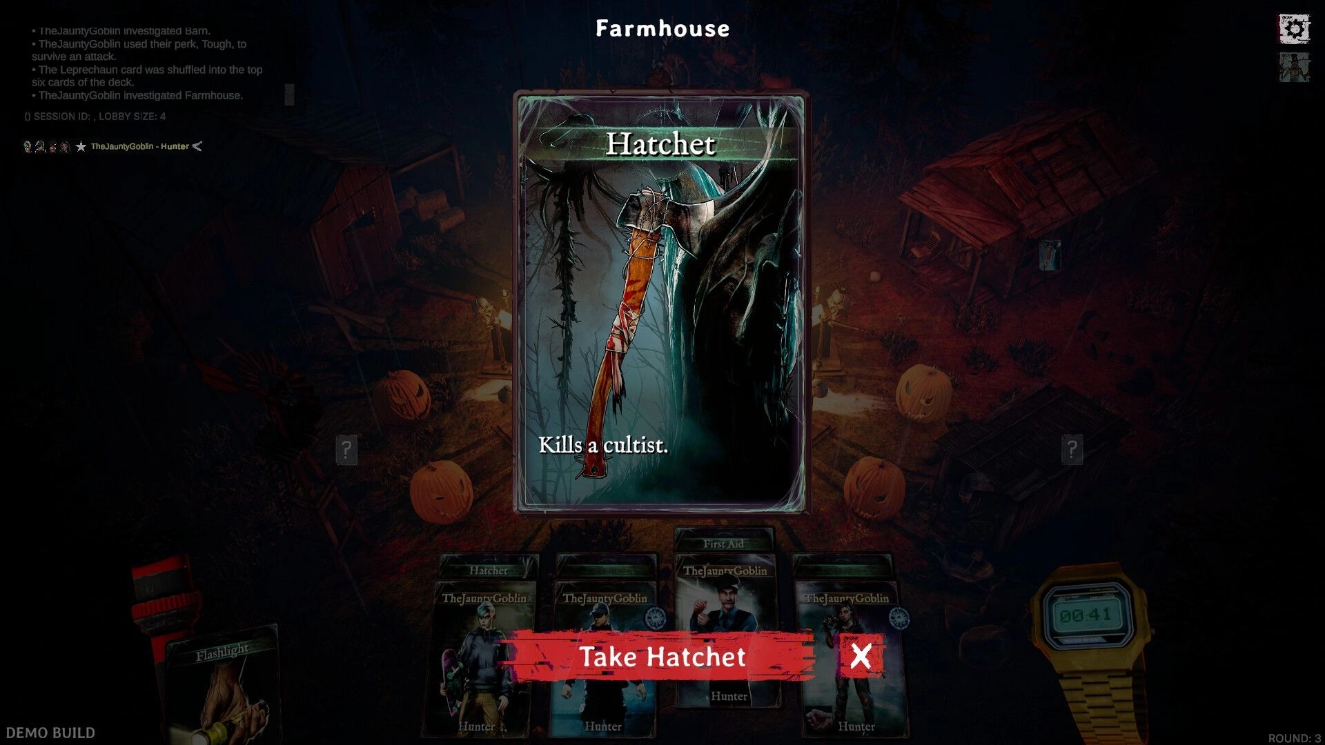 DEMONS: Hatchet card drawn in spooky farmhouse setting with pumpkins and wooden sheds visible