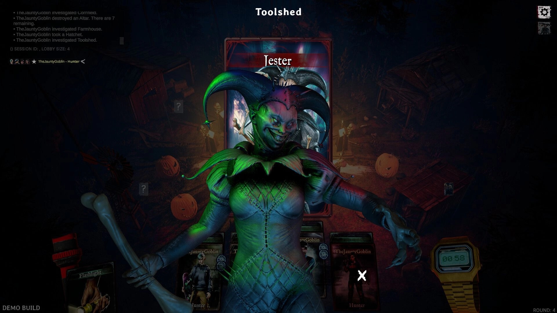 DEMONS: Jester character in eerie toolshed with glowing pumpkins and cards, timer visible at bottom.