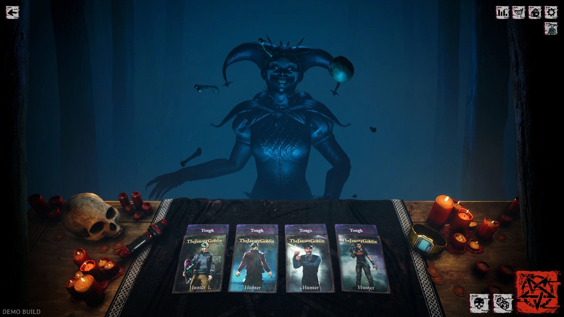 DEMONS: Mysterious figure looms over table with cards and candles in dark ritualistic setting.