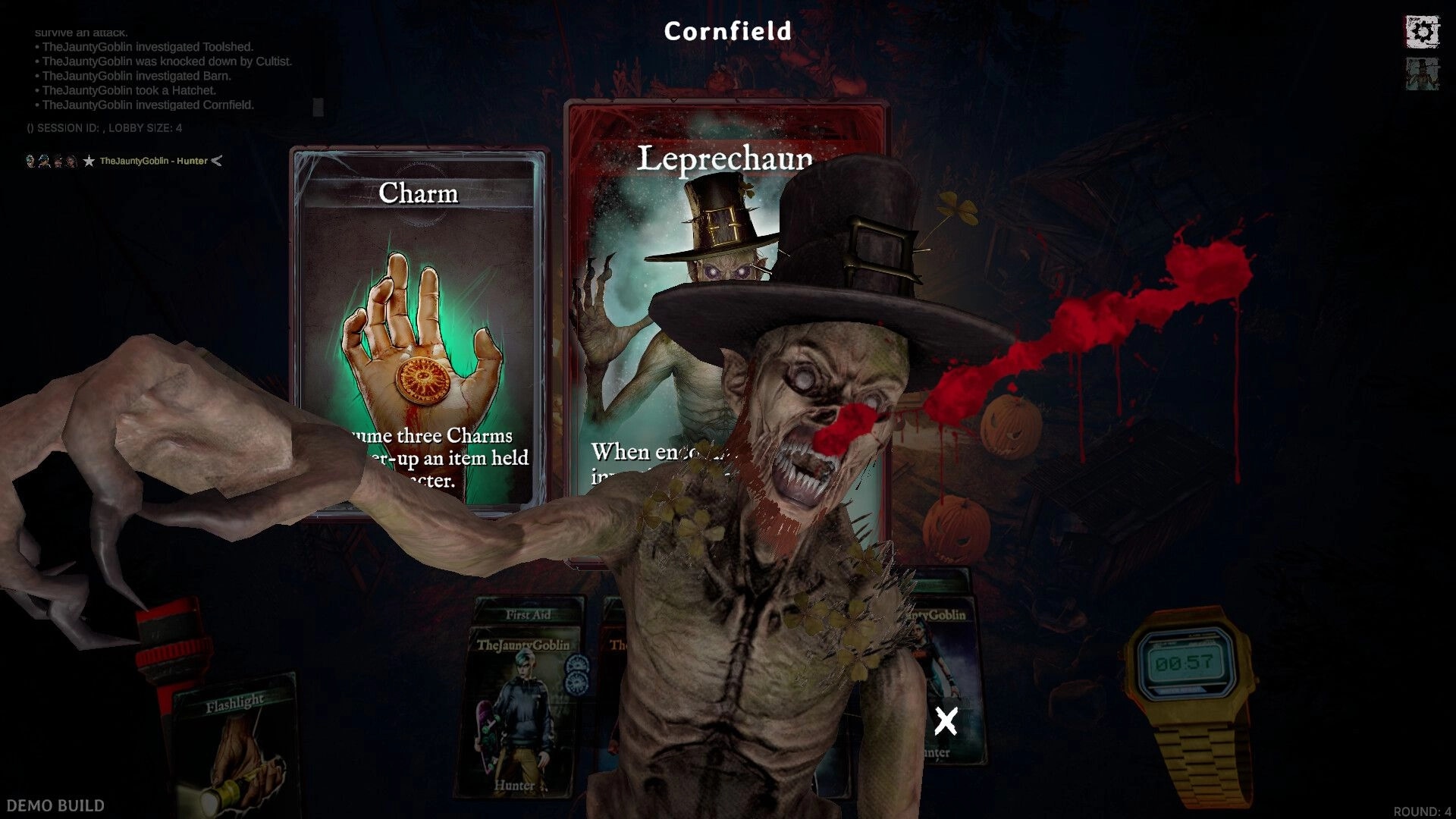 DEMONS: Zombie leprechaun attacks in cornfield with Charm and Leprechaun cards in the background.