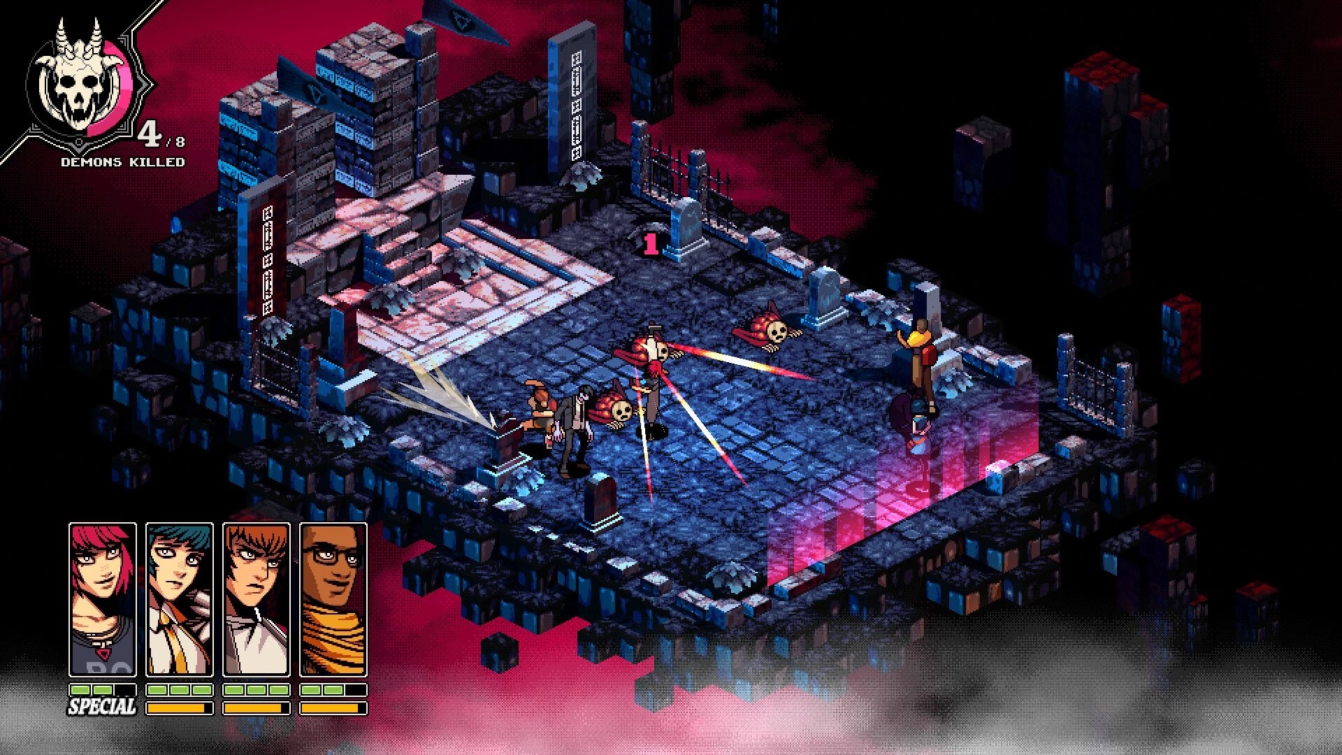 Demonschool: Tactical combat with Faye's team on a floating stone platform, UI shows demon count