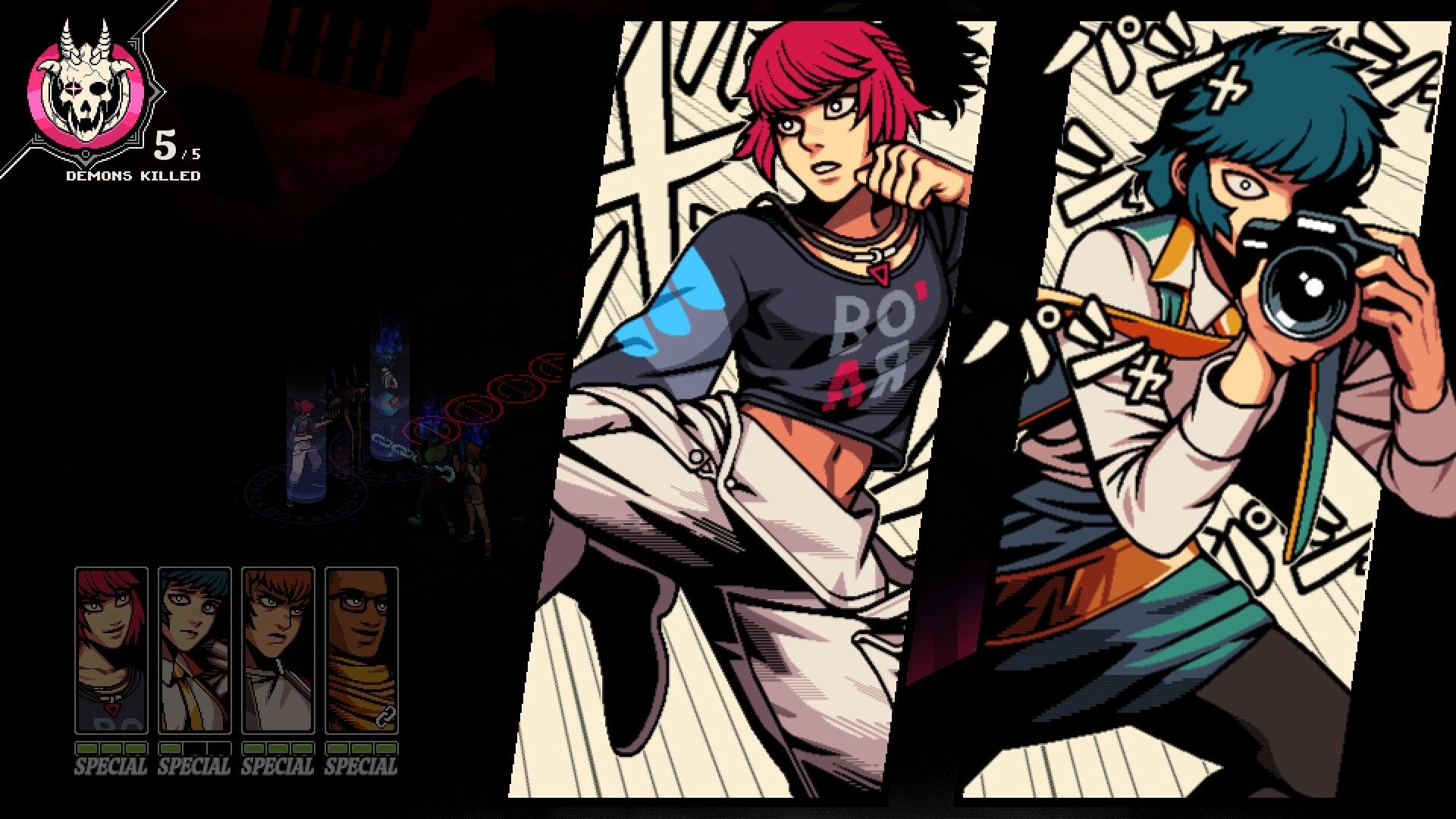 Demonschool: Faye and companion in dynamic combat pose with demon kill count in dark environment