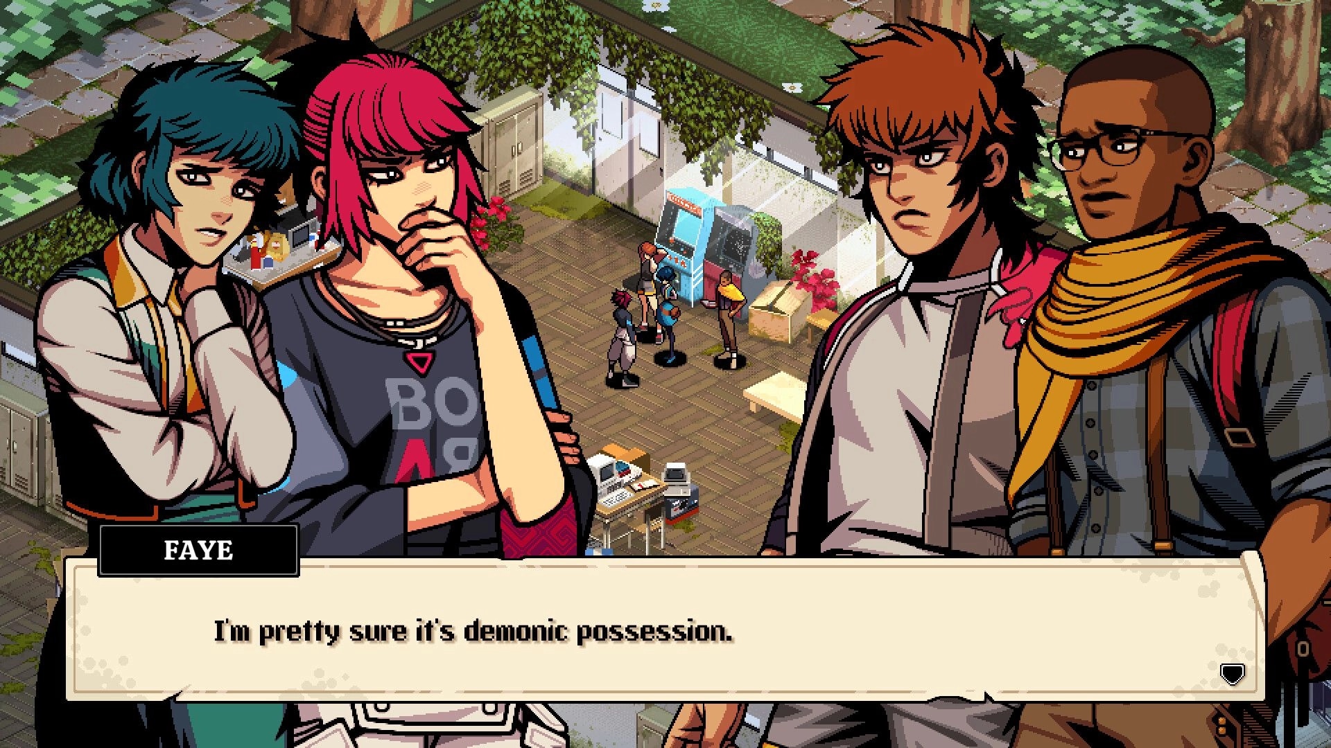Demonschool: Faye and friends discuss demonic possession in a room with arcade machines and greenery.
