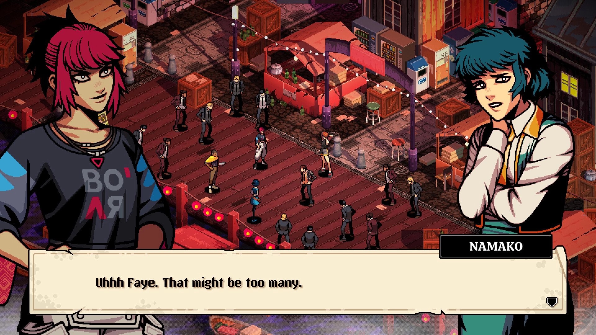 Demonschool: Faye and Namako discussing a crowded marketplace scene, surrounded by NPCs and stalls.