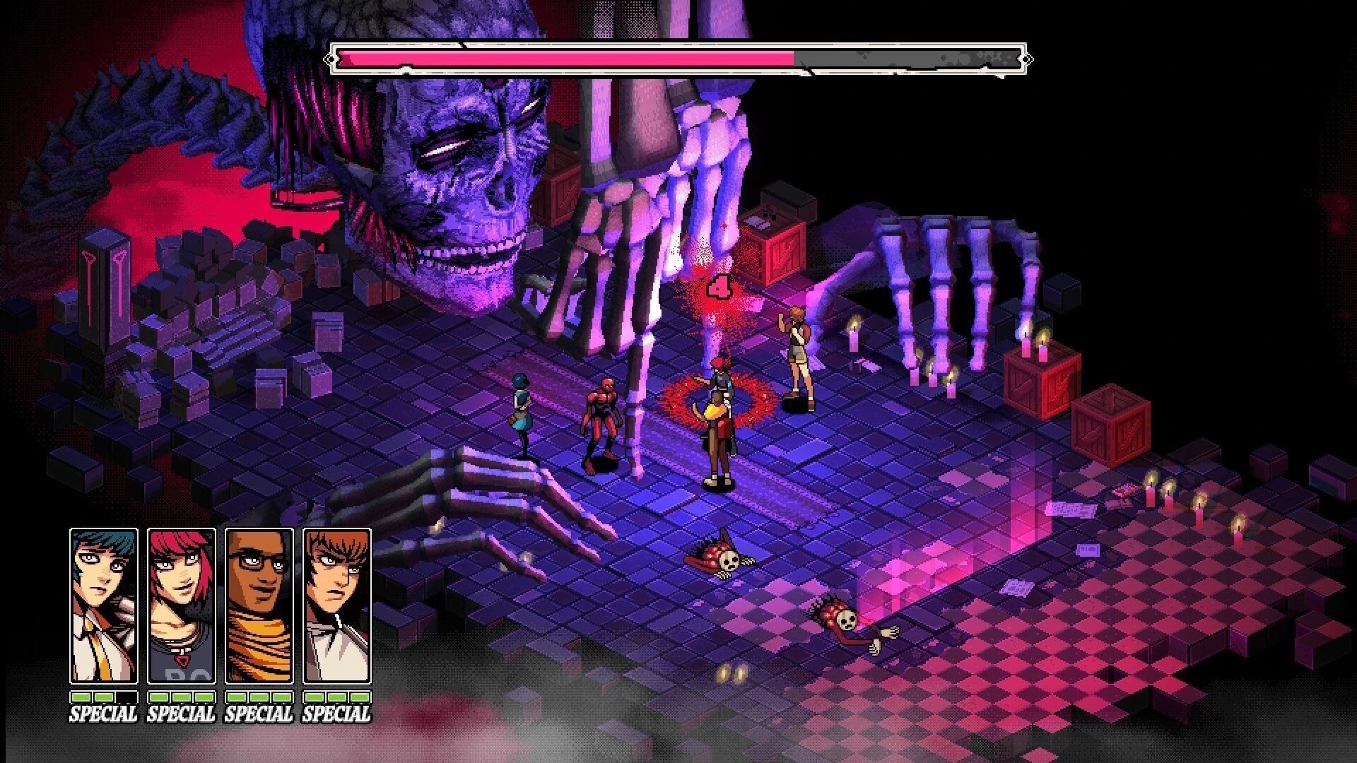 Demonschool: Faye and companions battle giant skeleton boss in dimly lit dungeon with candles and crates.