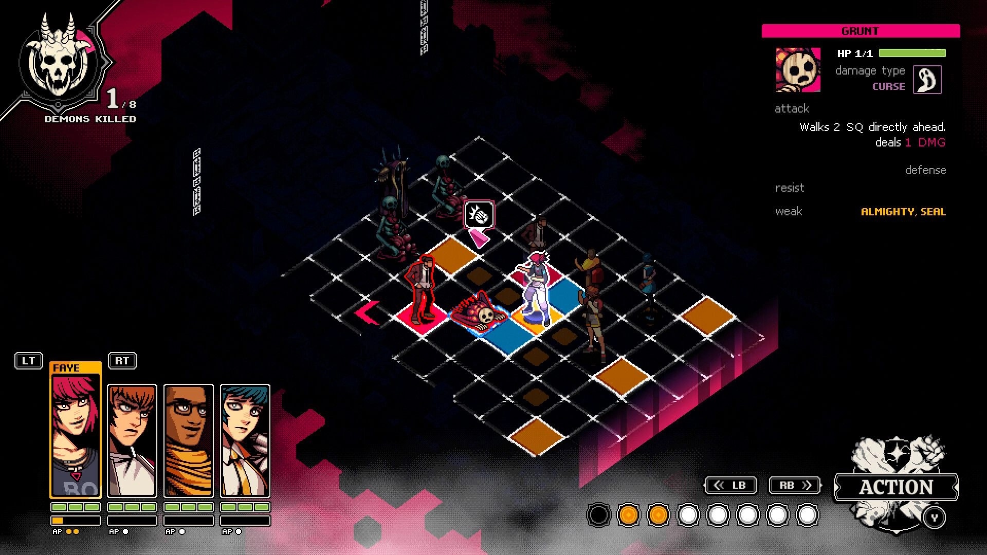 Demonschool: Faye and team engage enemies on grid-based battlefield with character stats displayed.