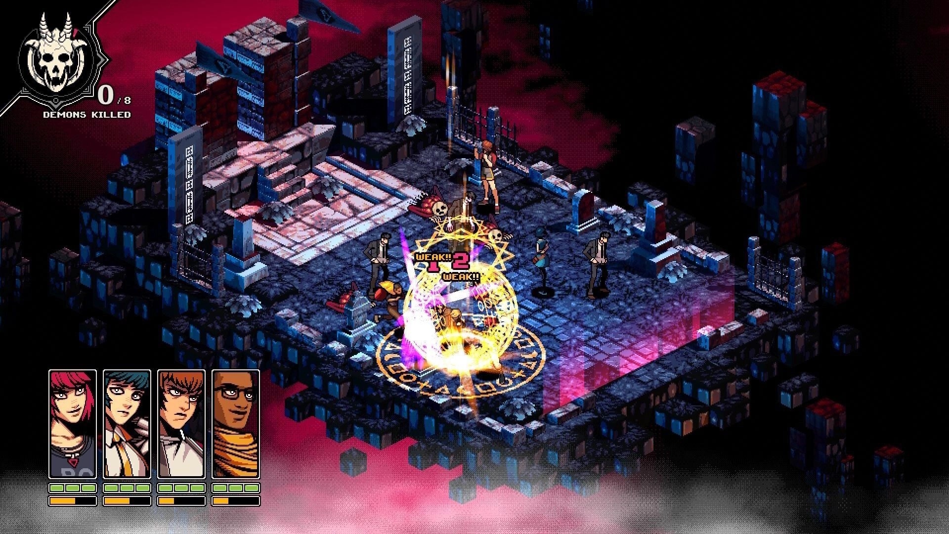 Demonschool: Faye and allies in tactical combat on a dark, floating platform with glowing runes