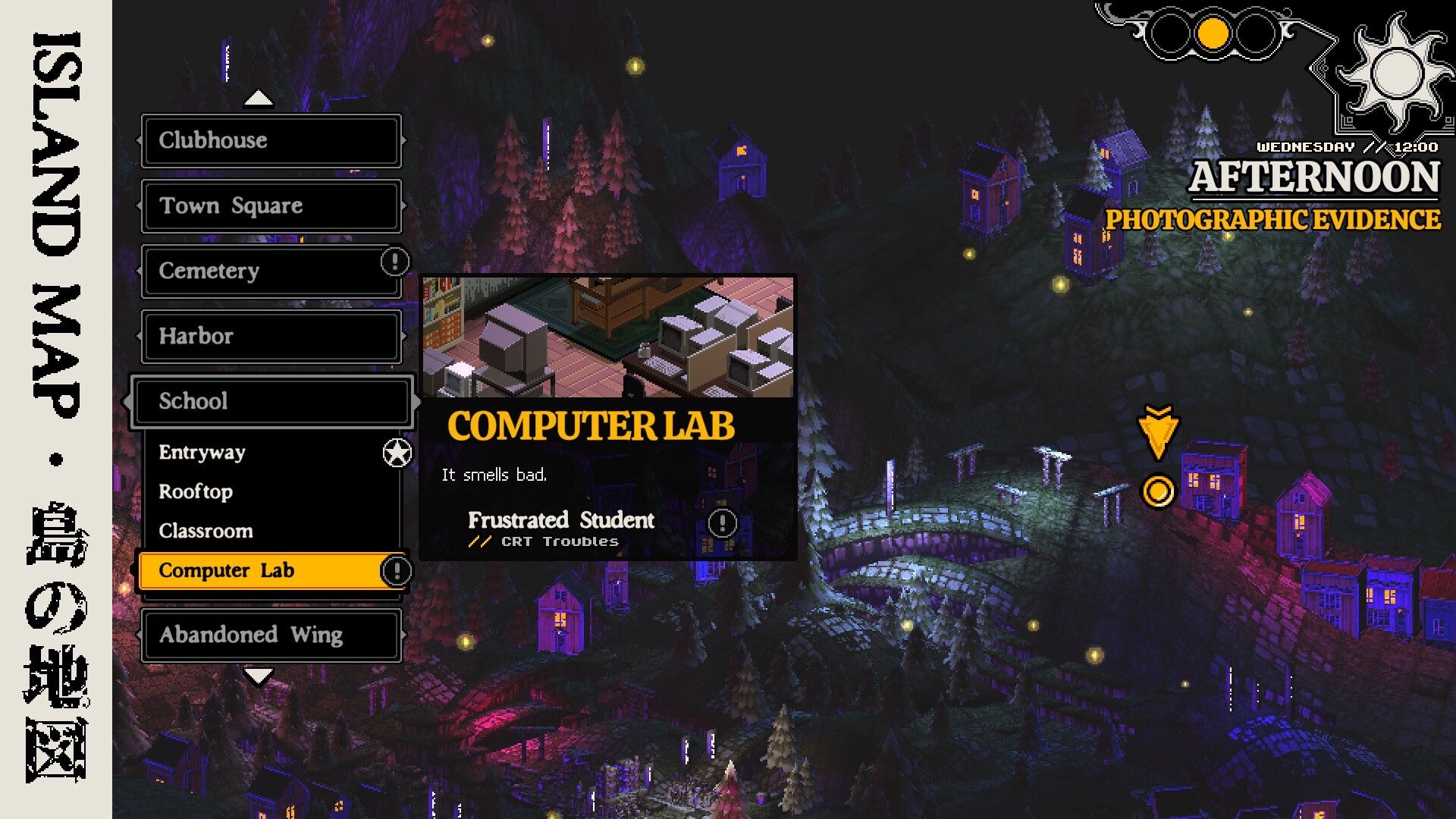 Demonschool: Island map interface highlighting the Computer Lab, with forest and buildings in the background.