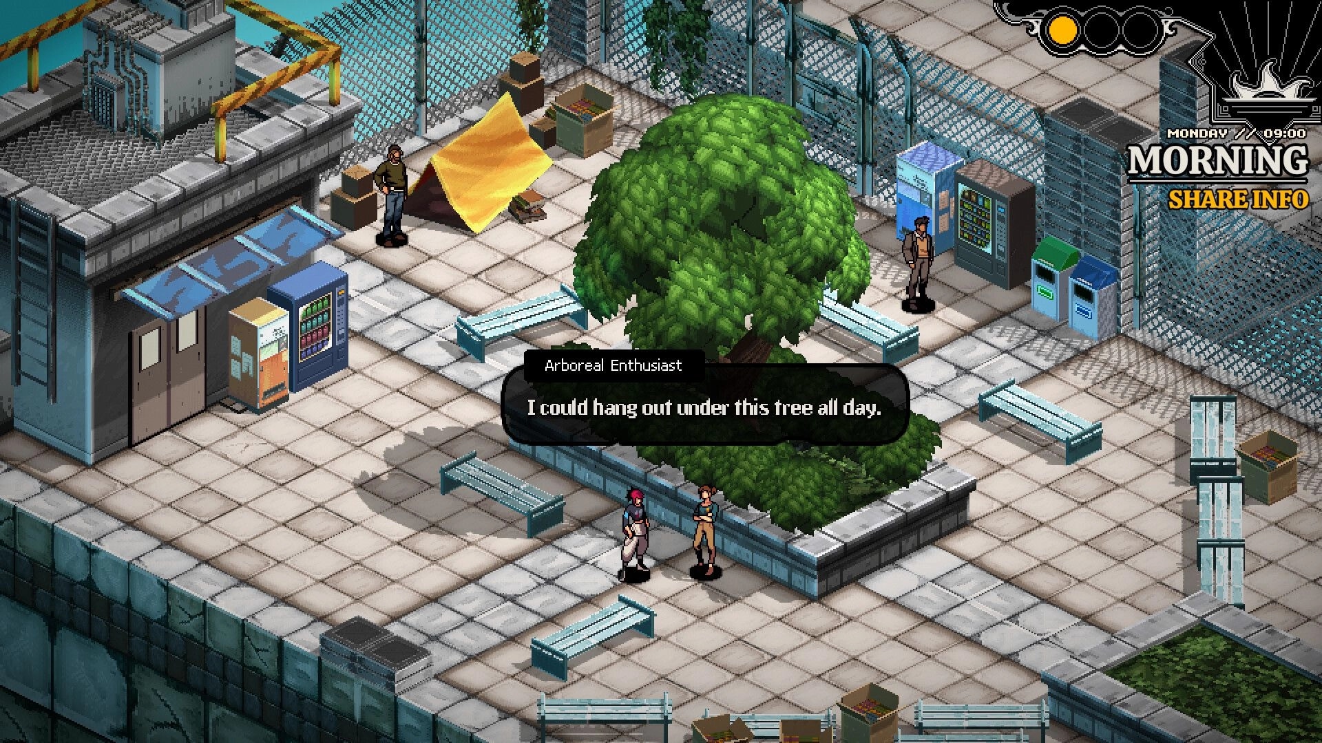 Demonschool: Characters converse near a tree in a rooftop area with vending machines and benches.
