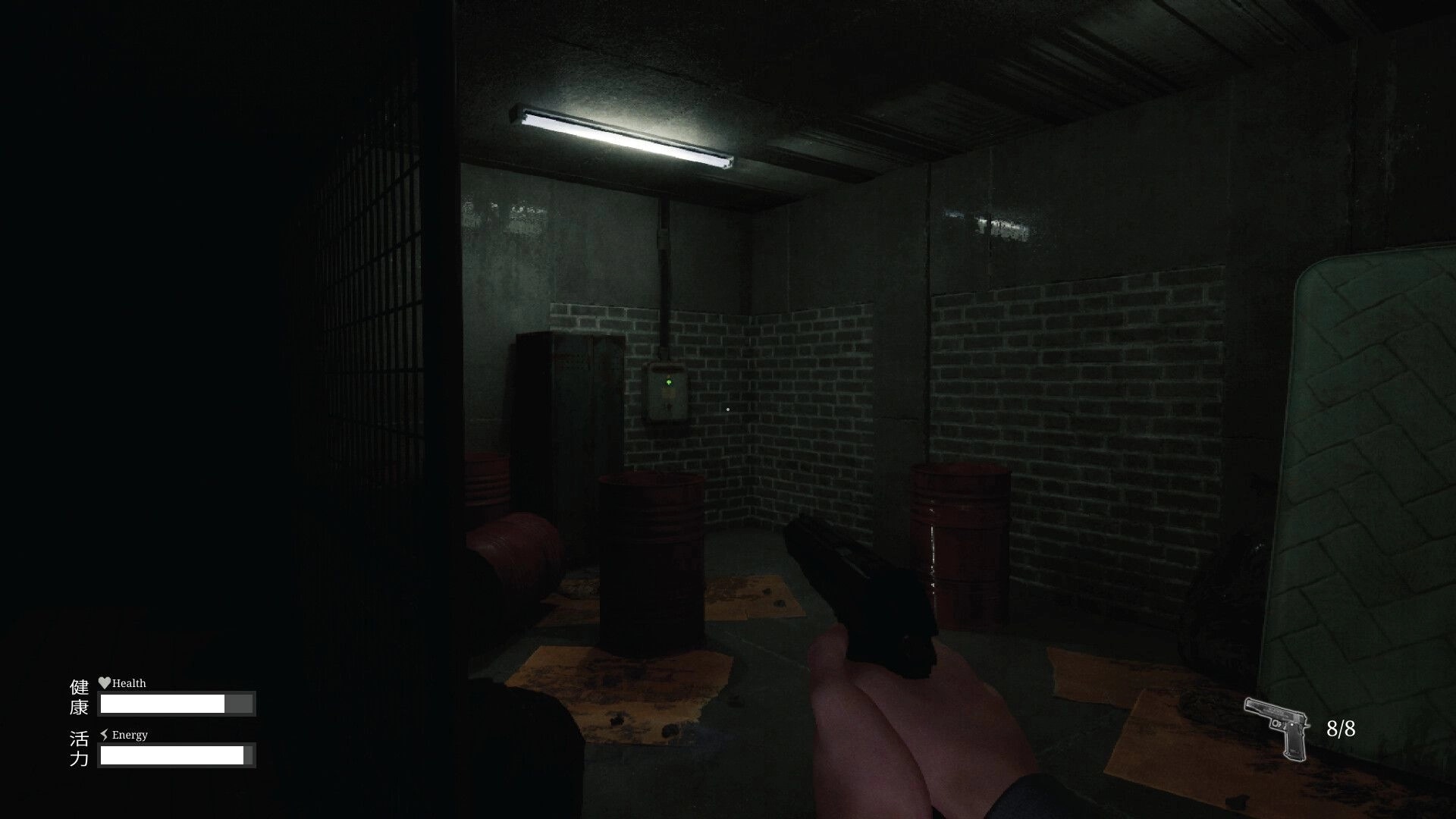 Den-Den: First-person view with gun in a dimly lit, brick-walled room; health and energy bars visible.