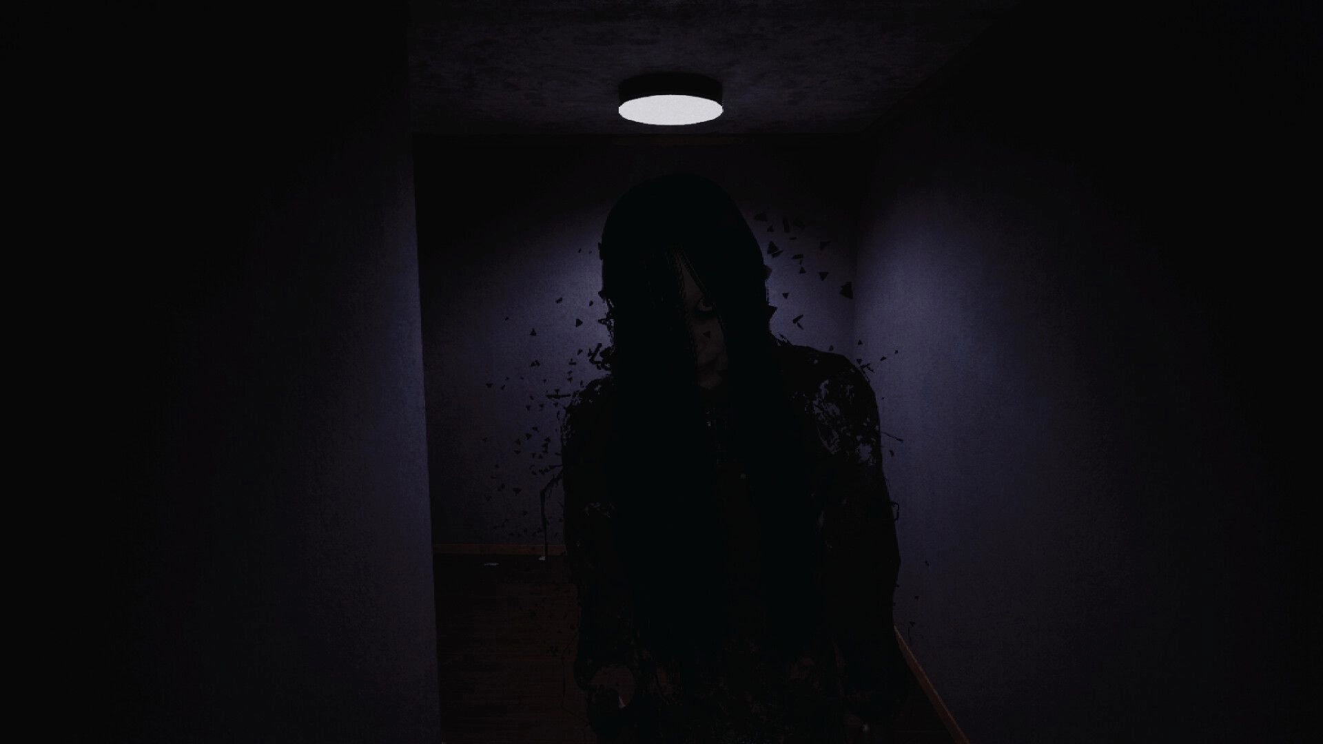 Den-Den: Shadowy figure in dimly lit hallway, eerie atmosphere with dark walls and overhead light.