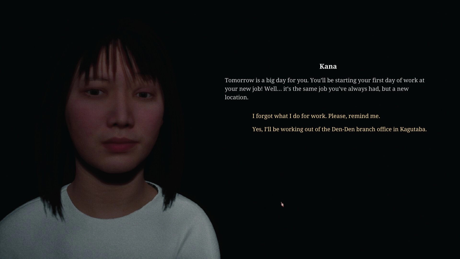 Den-Den: Dialogue with Kana offering job advice in a dark interface setting