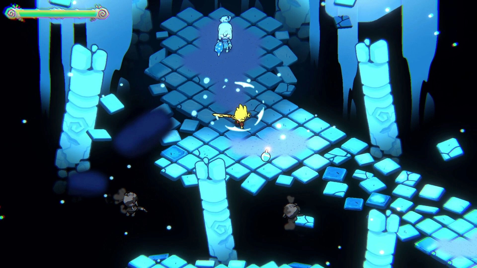 Denari: Hero swings a sword at a white-robed foe on floating blue stone platforms with health bar UI.