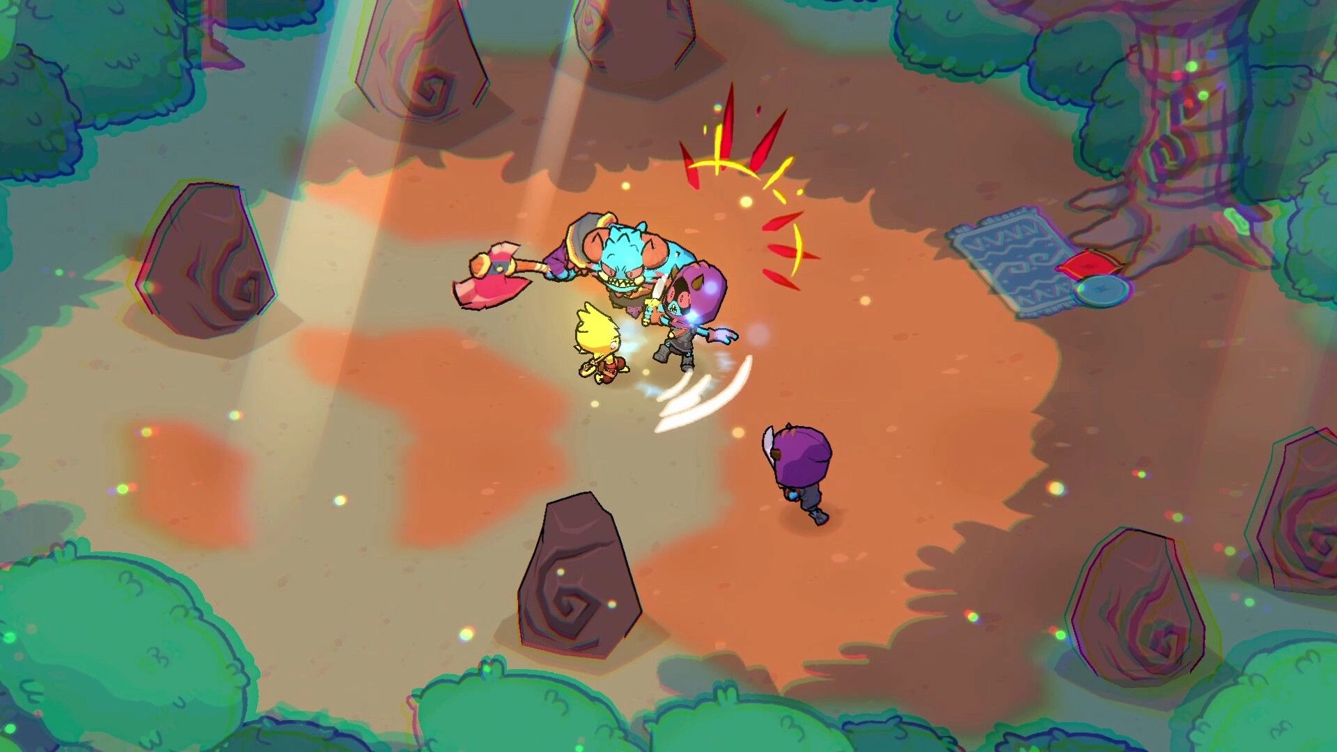 Denari: Top-down melee fight with two heroes striking a horned brute in a forest clearing.