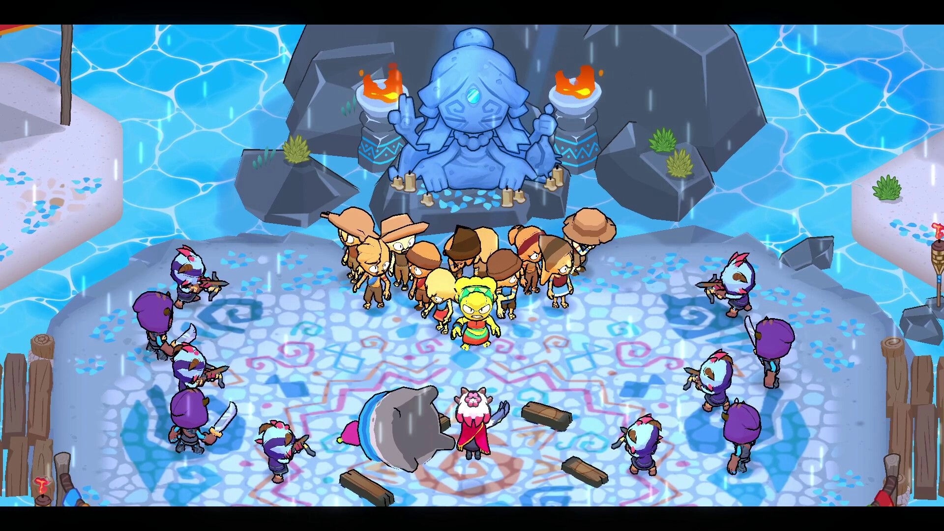 Denari: Standoff with villagers and masked soldiers around a shrine on a rainy stone platform by water.