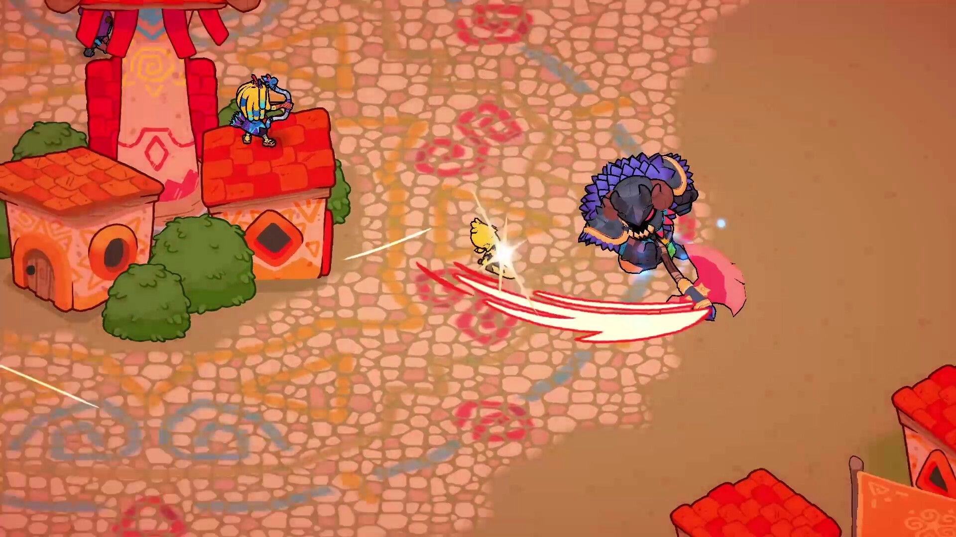 Denari: Top-down hero dodges a giant axe swing in a cobblestone village street beside houses.