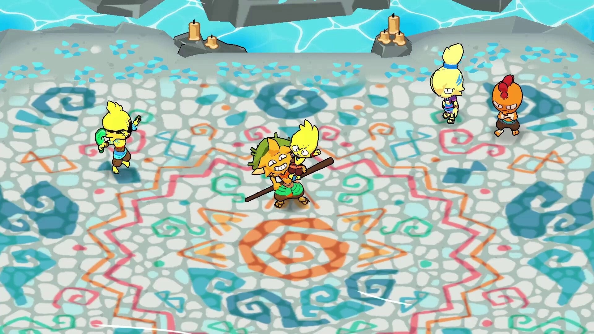 Denari: Hero grapples a grinning foe with a staff on a painted stone arena by water and candles.