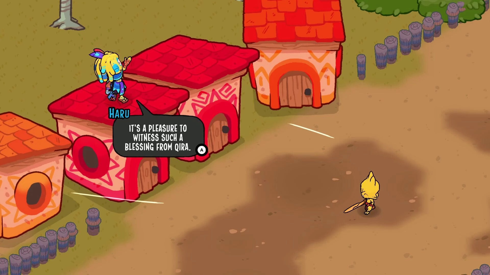 Denari: Dialogue with Haru as hero stands by red-roof huts in village lane with A prompt.