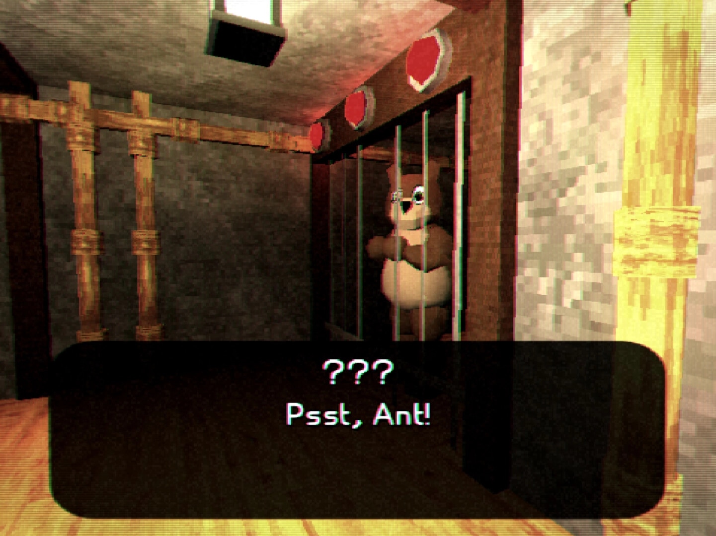 Dendron 64: NPC behind metal bars speaks in dialogue box, dim concrete room with bamboo poles.