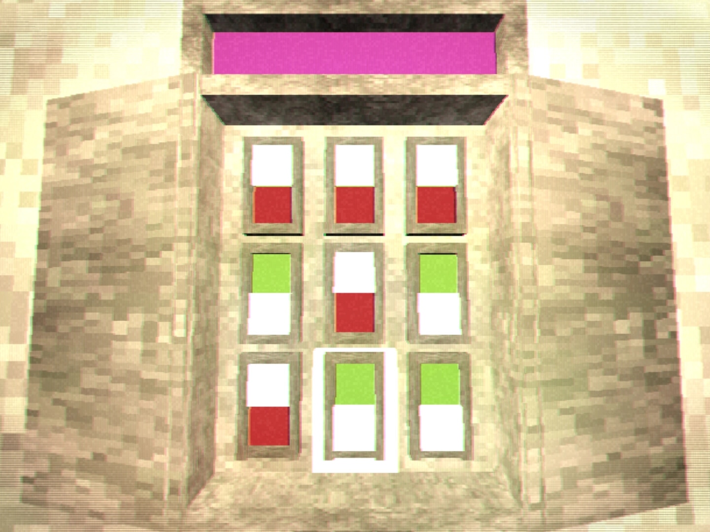 Dendron 64: Close-up of a wall panel with nine red, green, and white tiles in a stone room.