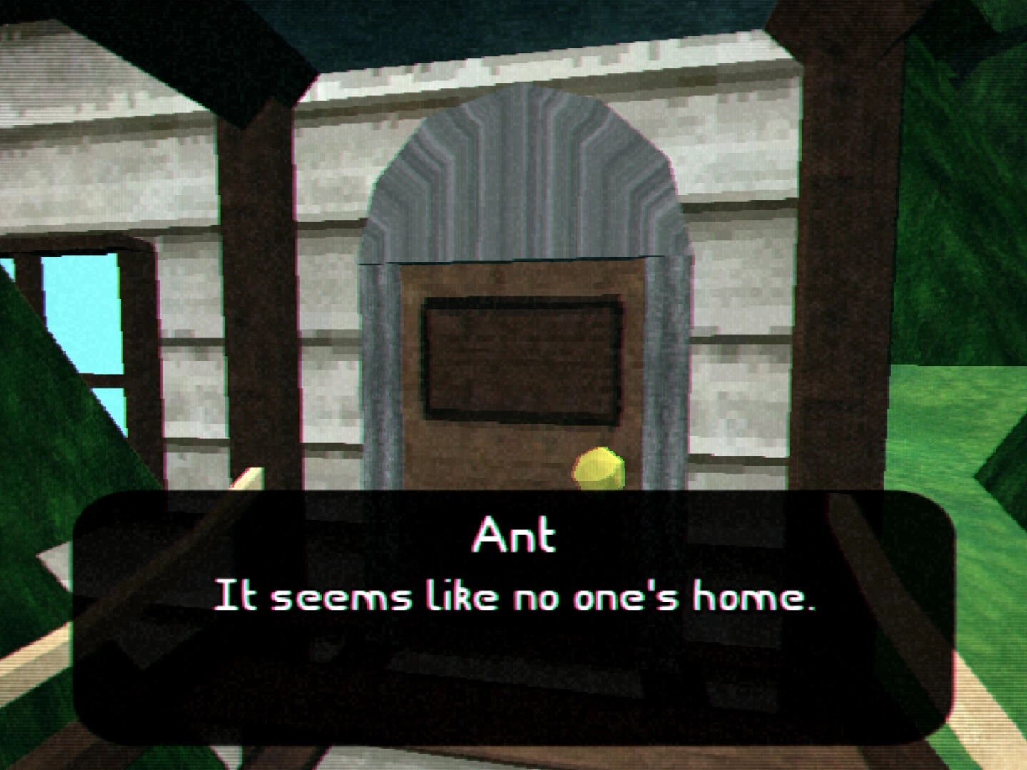 Dendron 64: Talking to Ant at a house door, dialogue box reads "It seems like no one's home.".