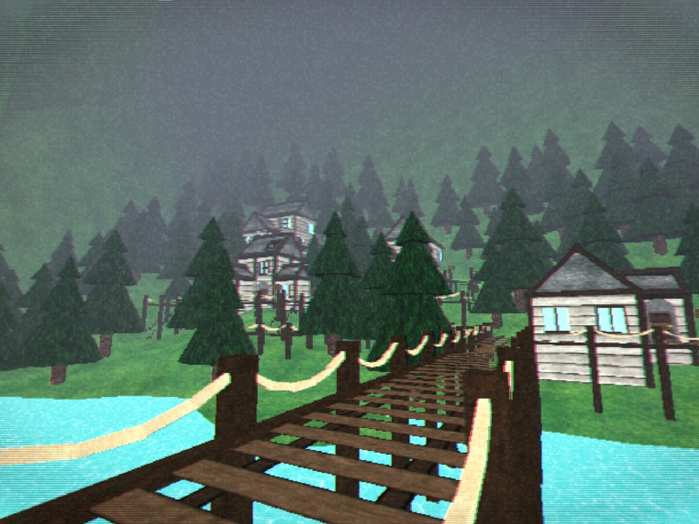 Dendron 64: First-person view crossing a rope bridge over water toward foggy pine woods and cabins.