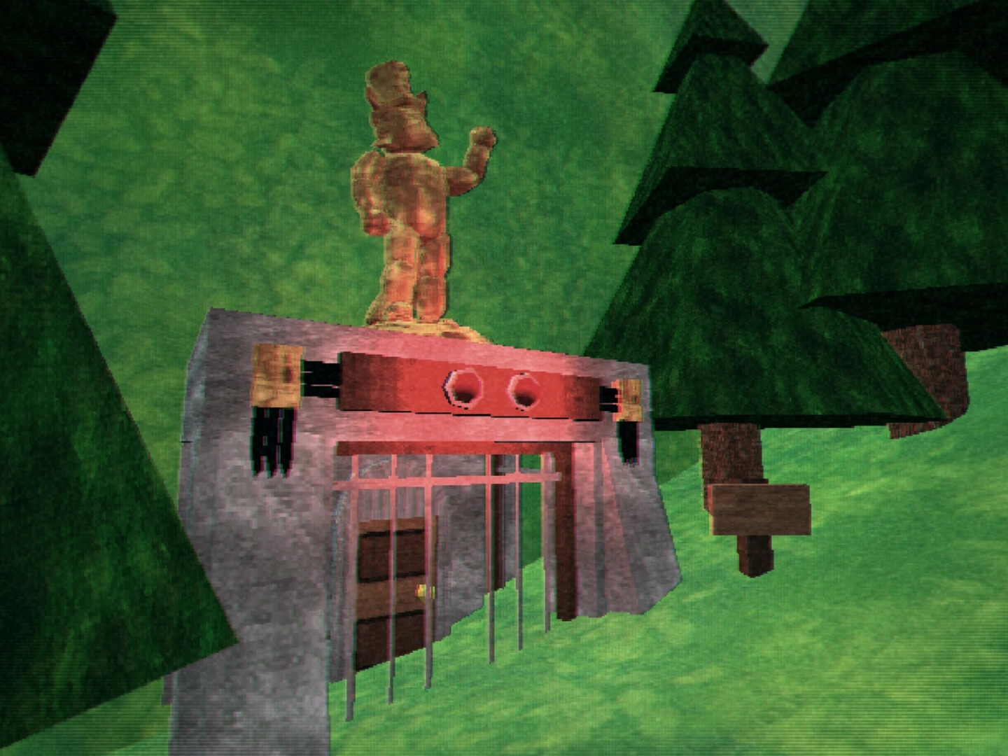Dendron 64: Stone bunker with barred door and small statue on roof in eerie green forest.