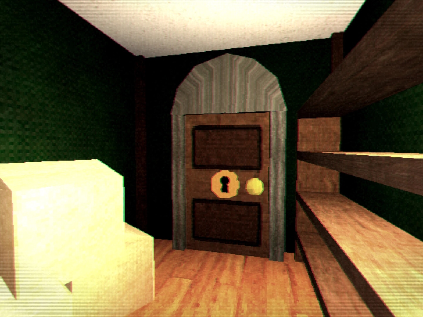 Dendron 64: First-person view facing locked wooden door in small room with shelves and boxes.