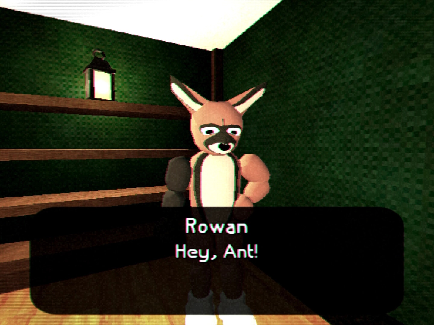 Dendron 64: Rowan greets the player in a dialogue box inside a green-walled room with shelves and lantern.