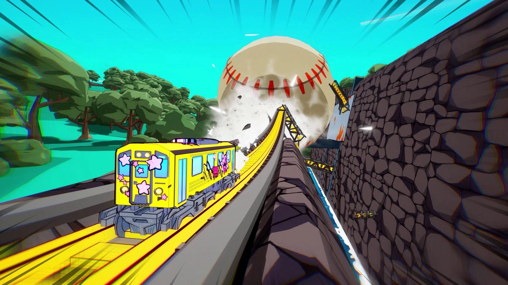 Denshattack!: Yellow graffiti train races up a ramp toward a giant baseball beside stone wall tracks.