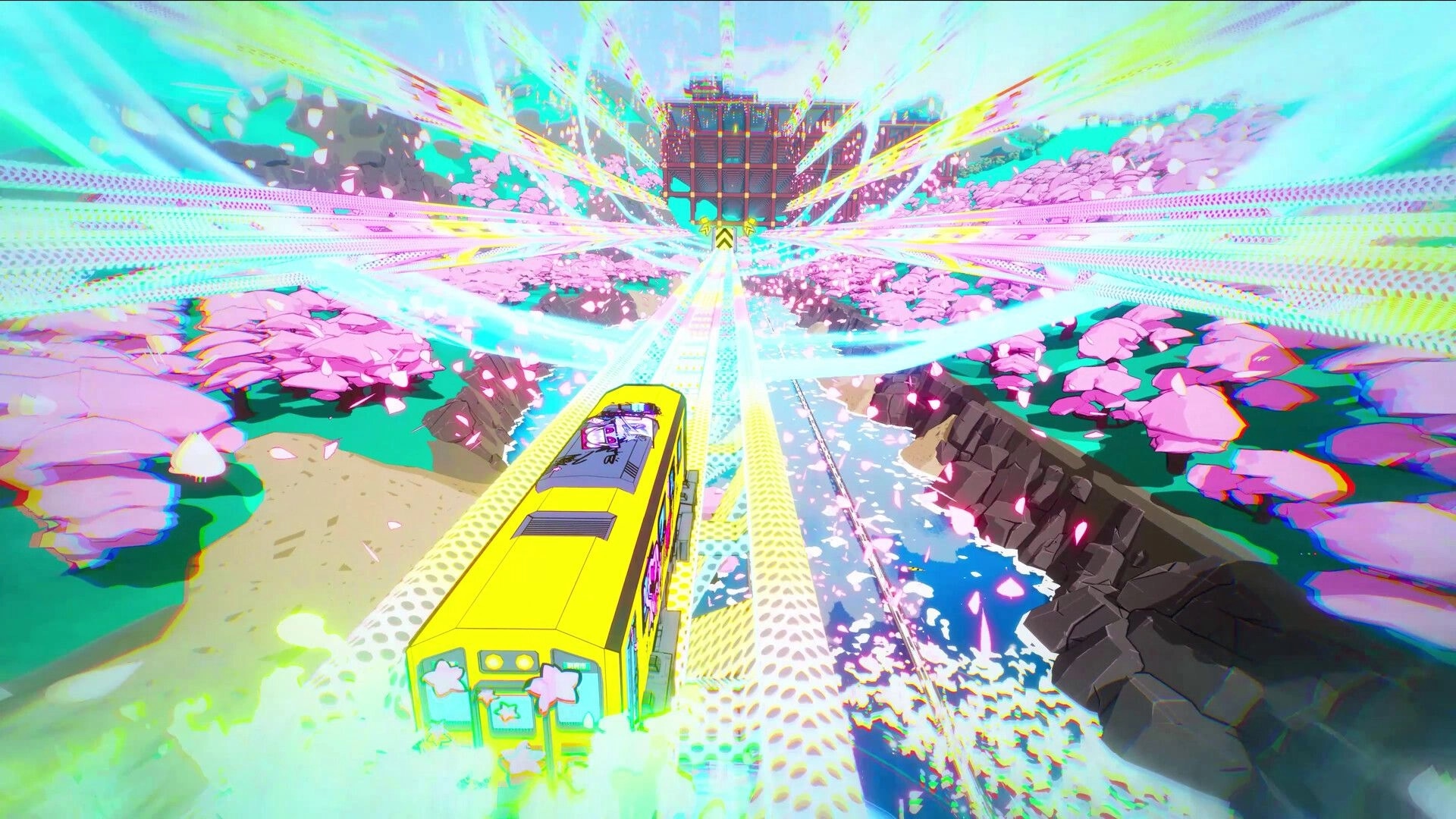 Denshattack!: Yellow train racing toward a glowing gate over cherry blossoms and river canyon tracks.