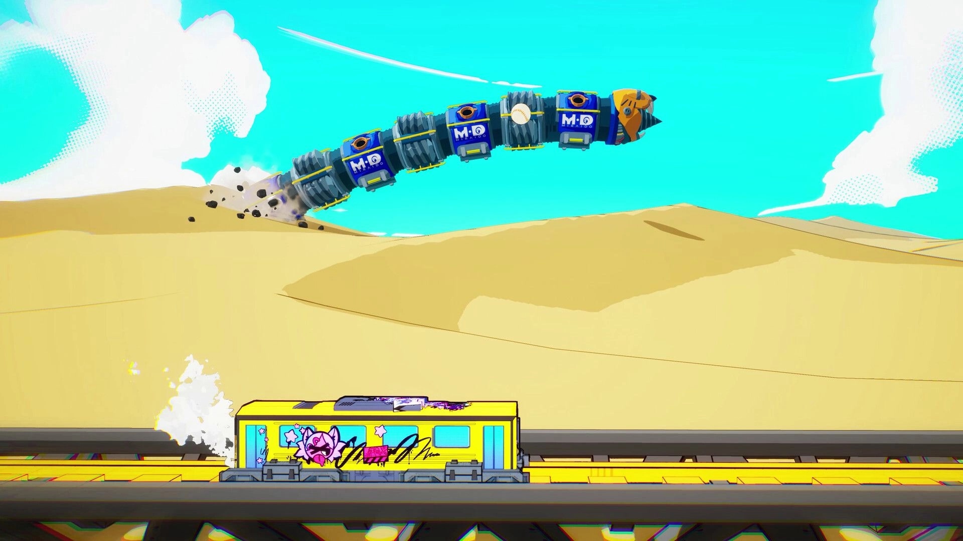 Denshattack!: Graffiti-covered train speeds along tracks as a segmented drone arcs over desert dunes.