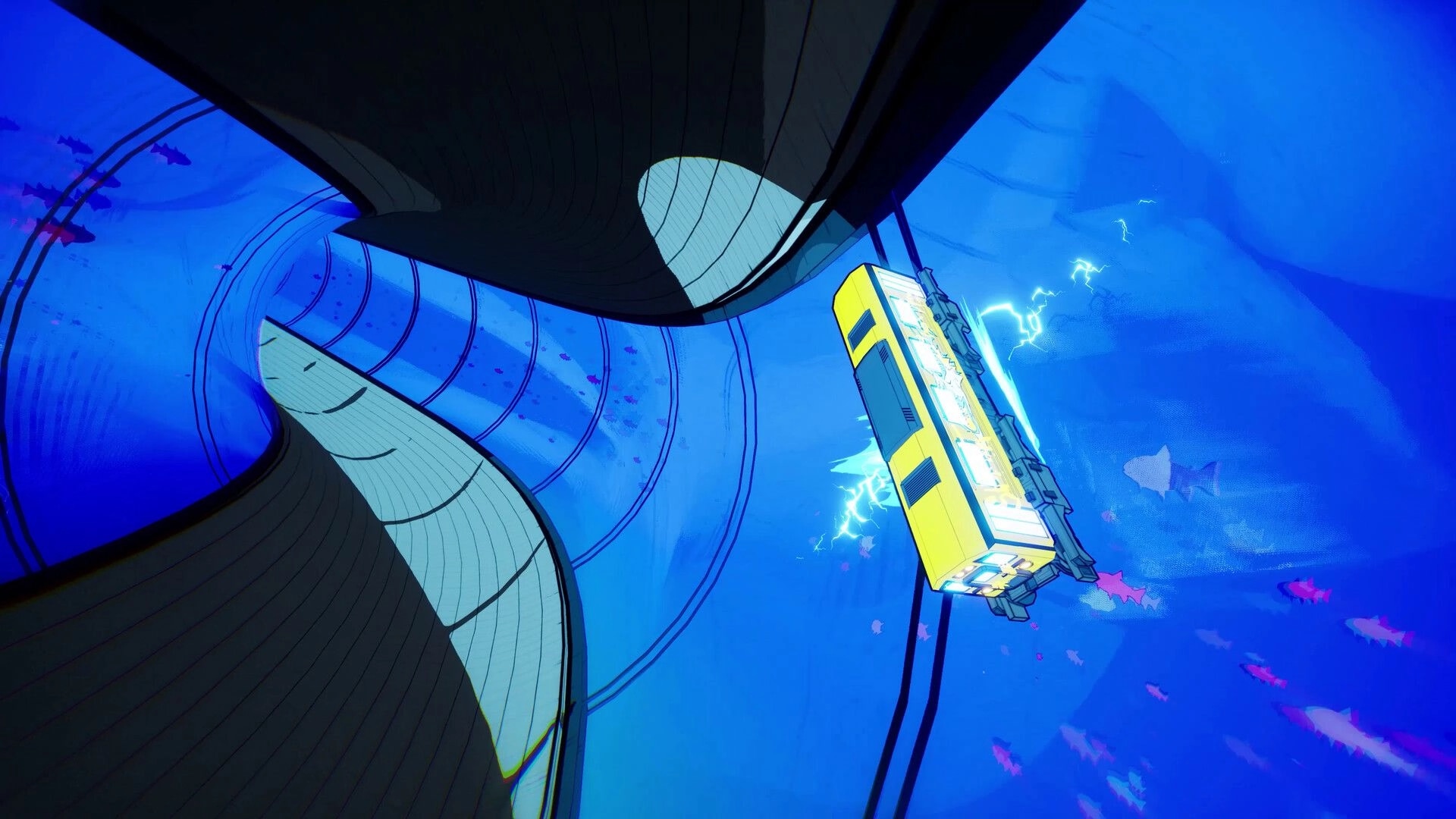 Denshattack!: Yellow train flips beside crackling power lines in a blue underwater tunnel with fish.
