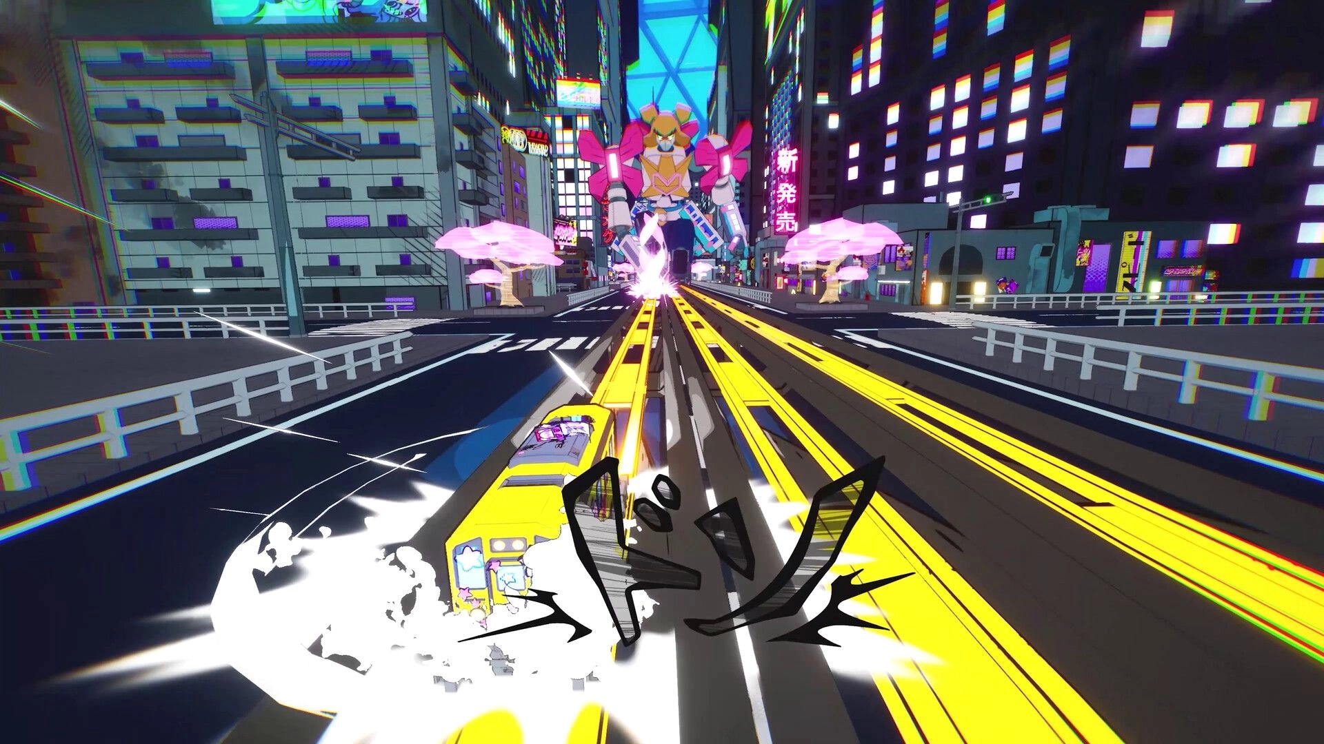 Denshattack!: Yellow train drifting on glowing rails toward a giant mech in neon city streets at night.