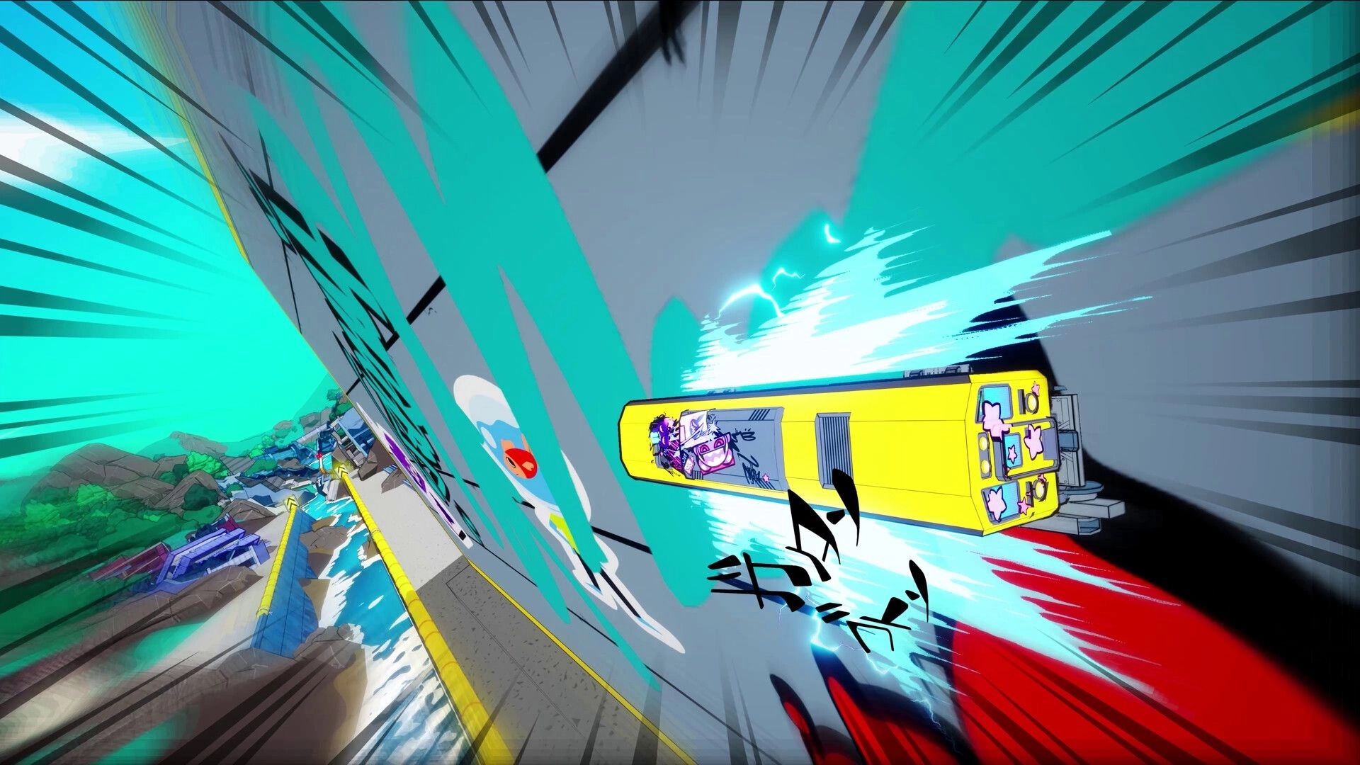 Denshattack!: Yellow train grinding a vertical wall with electric trail above a flooded city canal track.