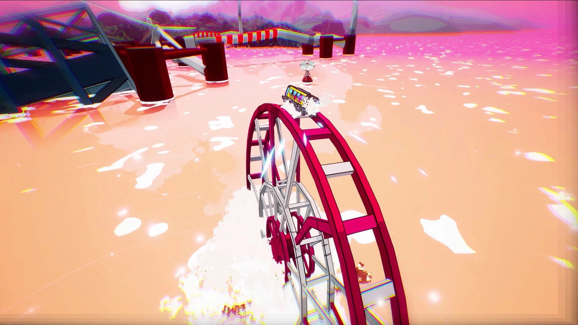 Denshattack!: Train jumps off a red bridge rail over shimmering pink water near industrial pylons.
