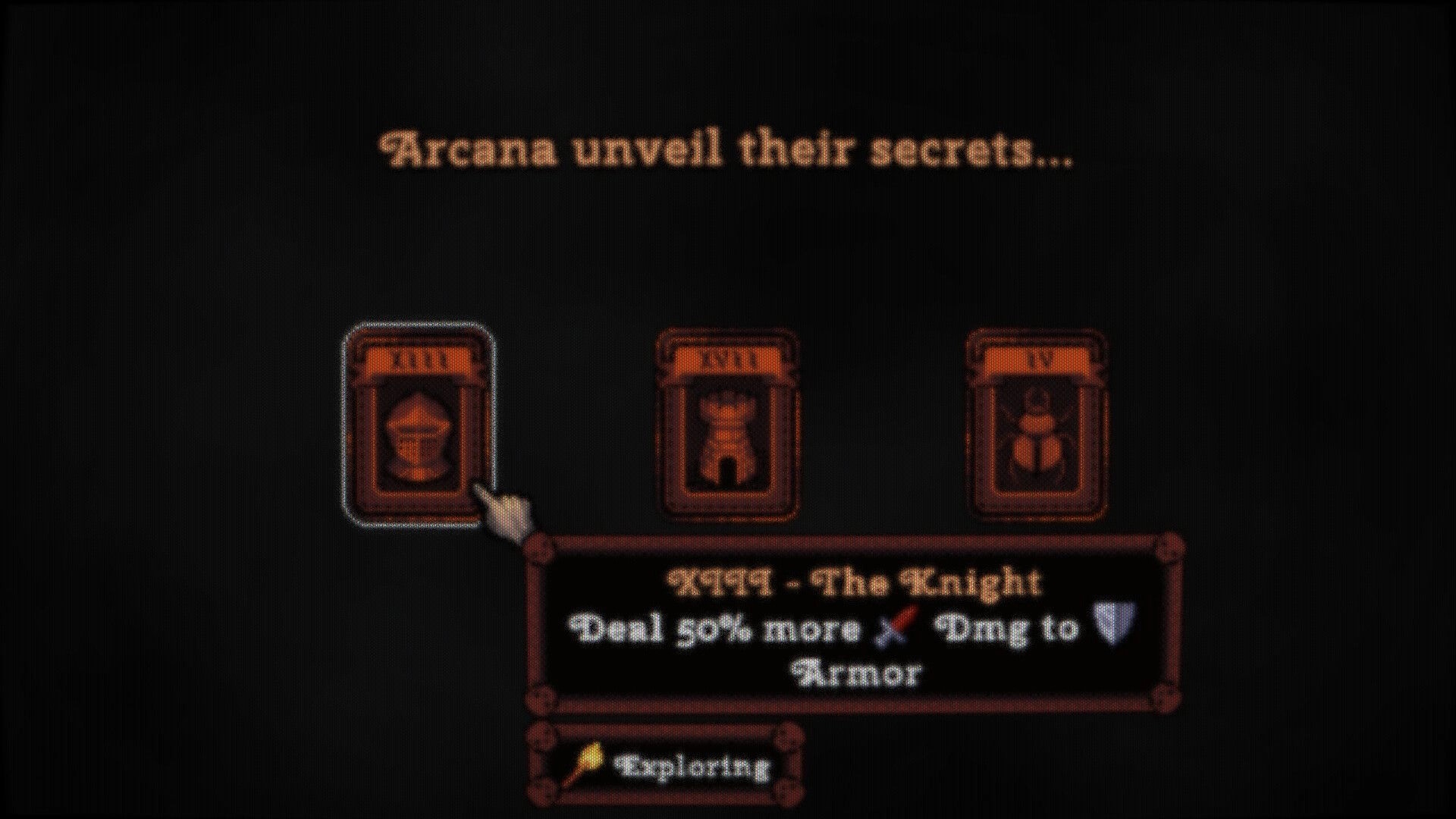 DEORUM: Hovering over KITT the Knight card tooltip in arcana selection menu on dark backdrop.