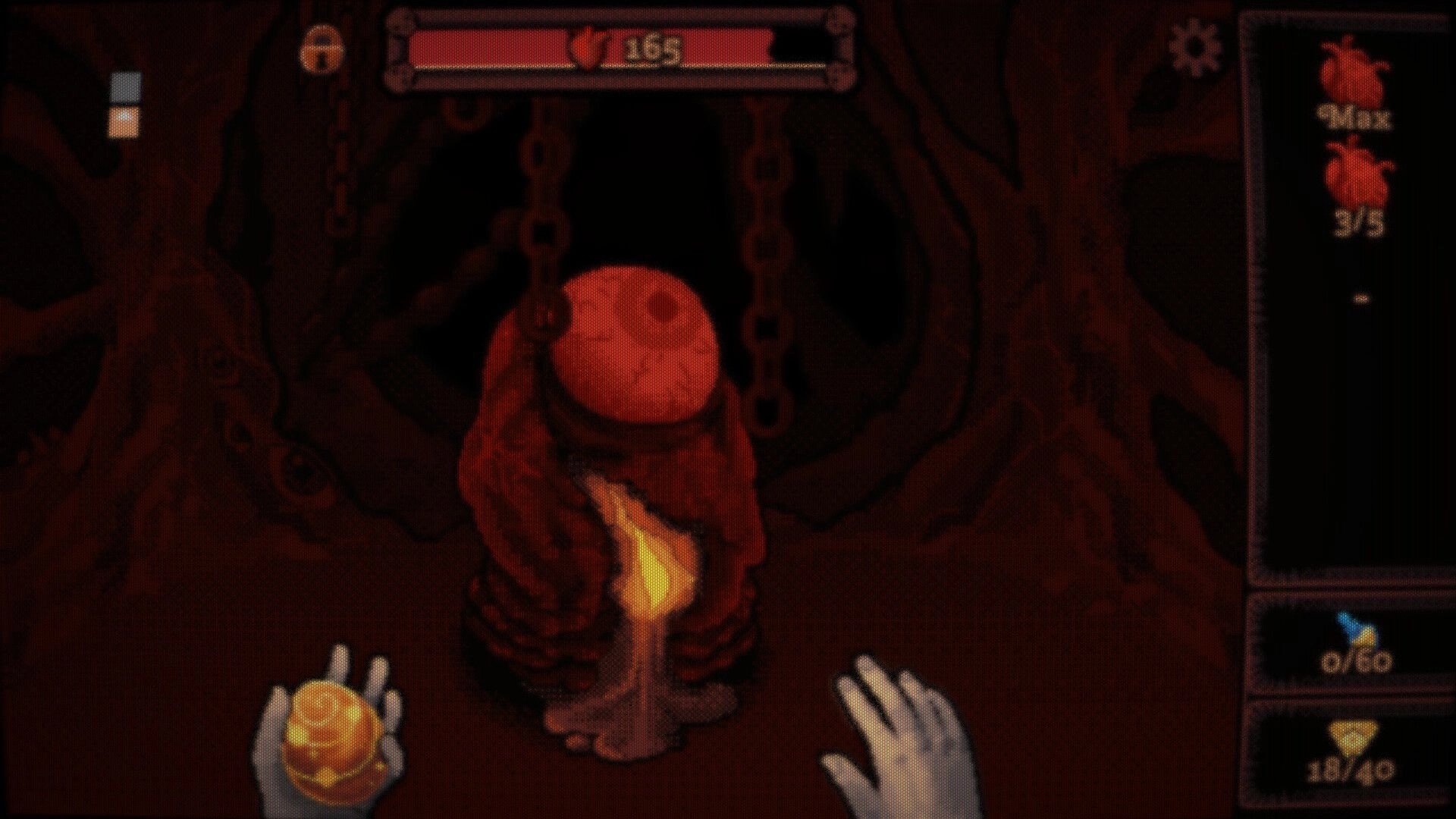 DEORUM: First-person view holding coins and reaching toward a chained candle altar in dark chamber.