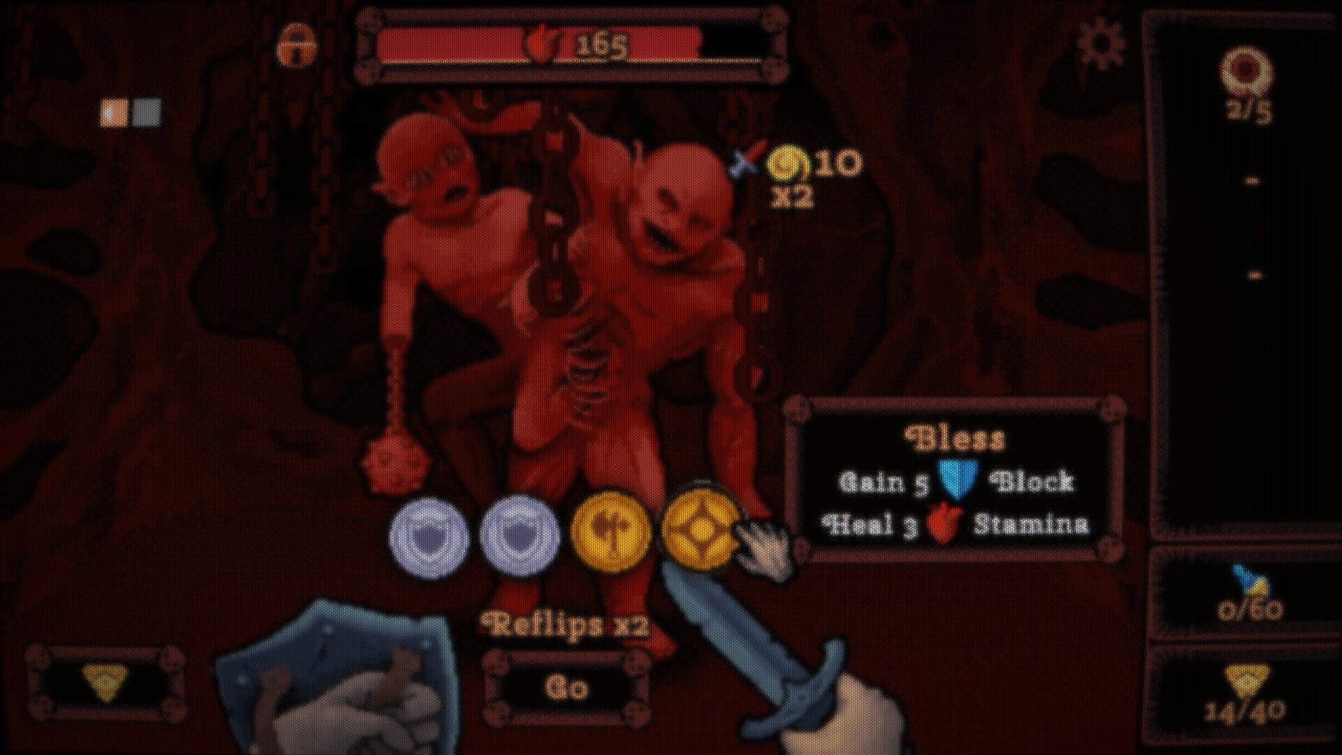 DEORUM: Combat encounter with two chained humanoids and dice options in a dark cave UI panel.