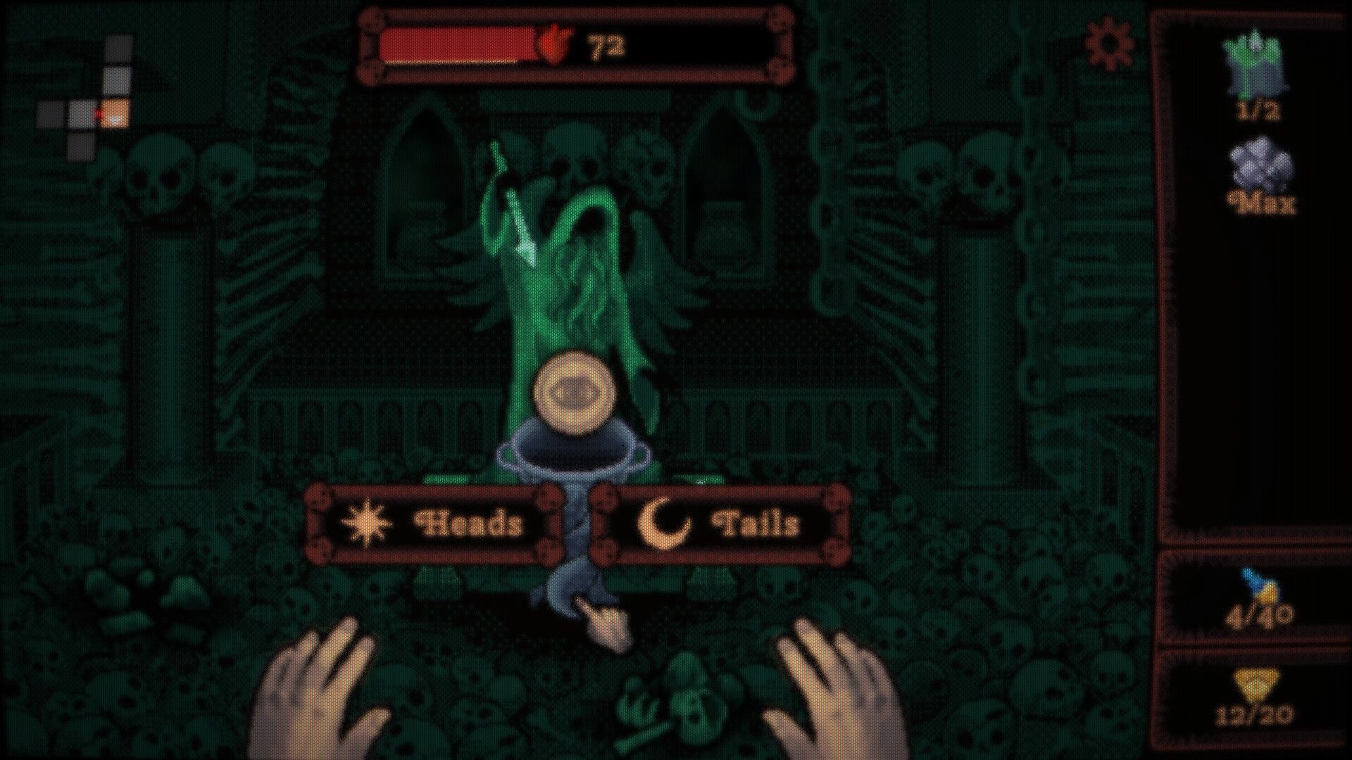DEORUM: Coin flip choice UI with Hands and Tails buttons over skull-lined dungeon shrine room.