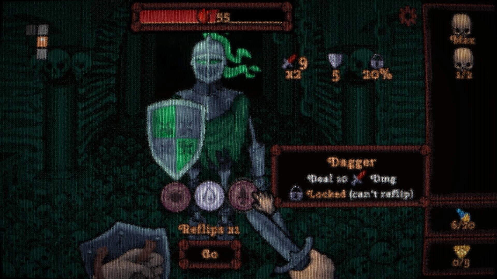 DEORUM: Knight equipment screen with dagger tooltip and stats icons over skull-lined dungeon wall.