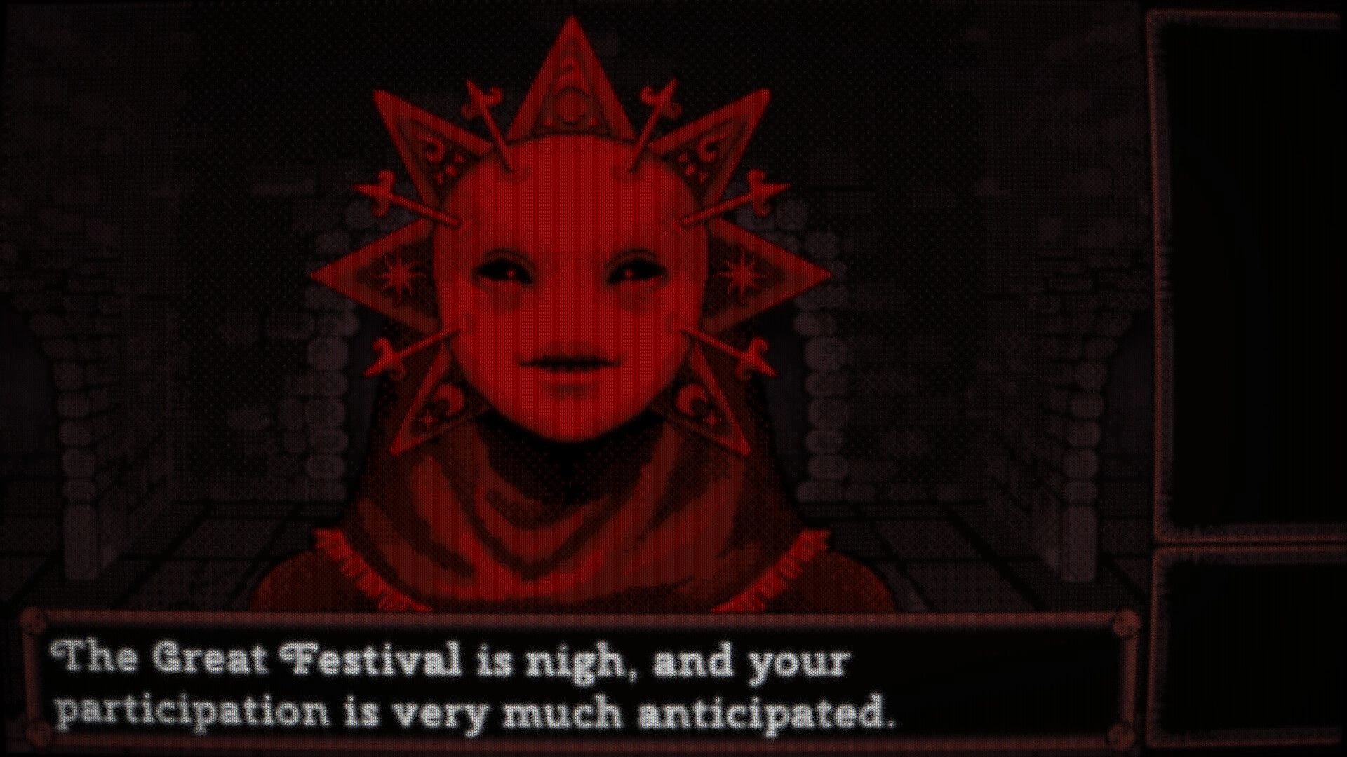 DEORUM: Red masked NPC dialogue portrait with text box in a dark stone dungeon corridor background.