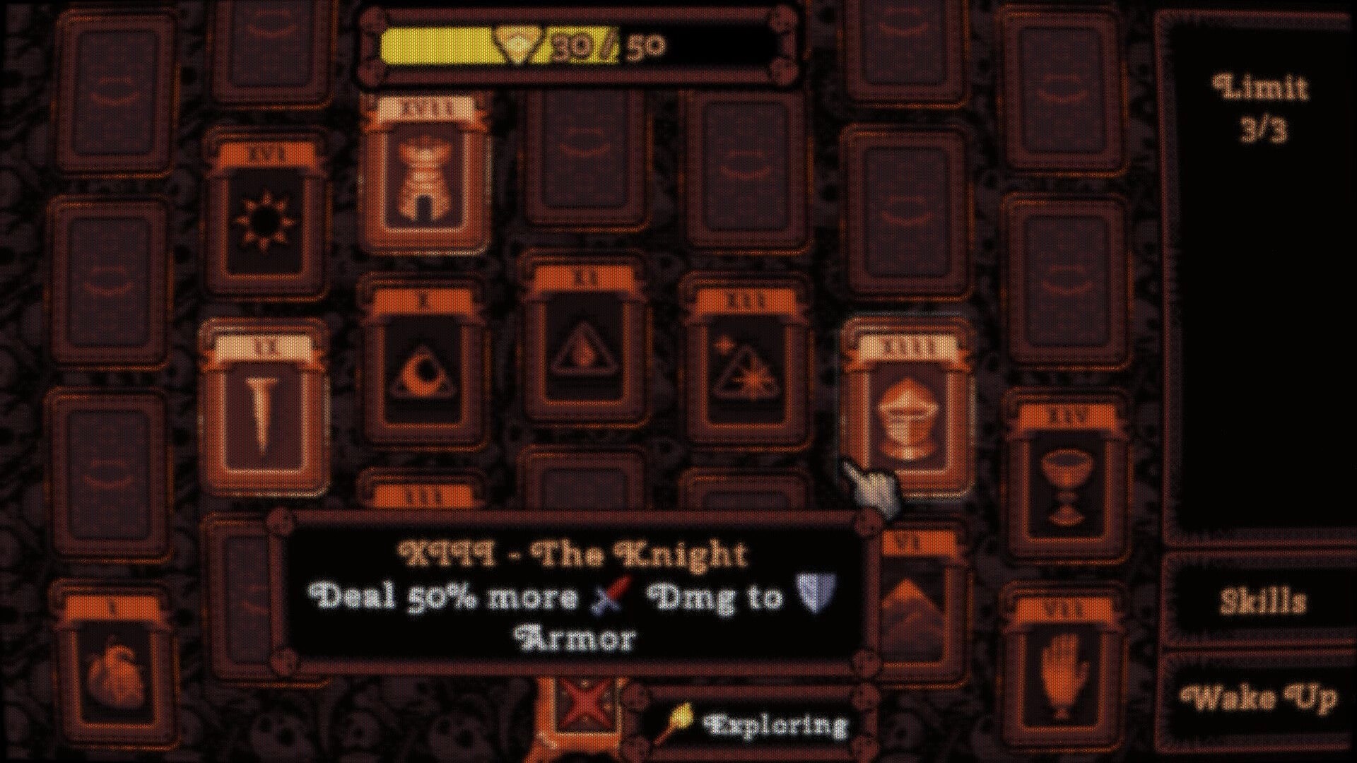 DEORUM: Skill card grid with Knight tooltip and limit 3/3 shown in a dark occult menu UI.