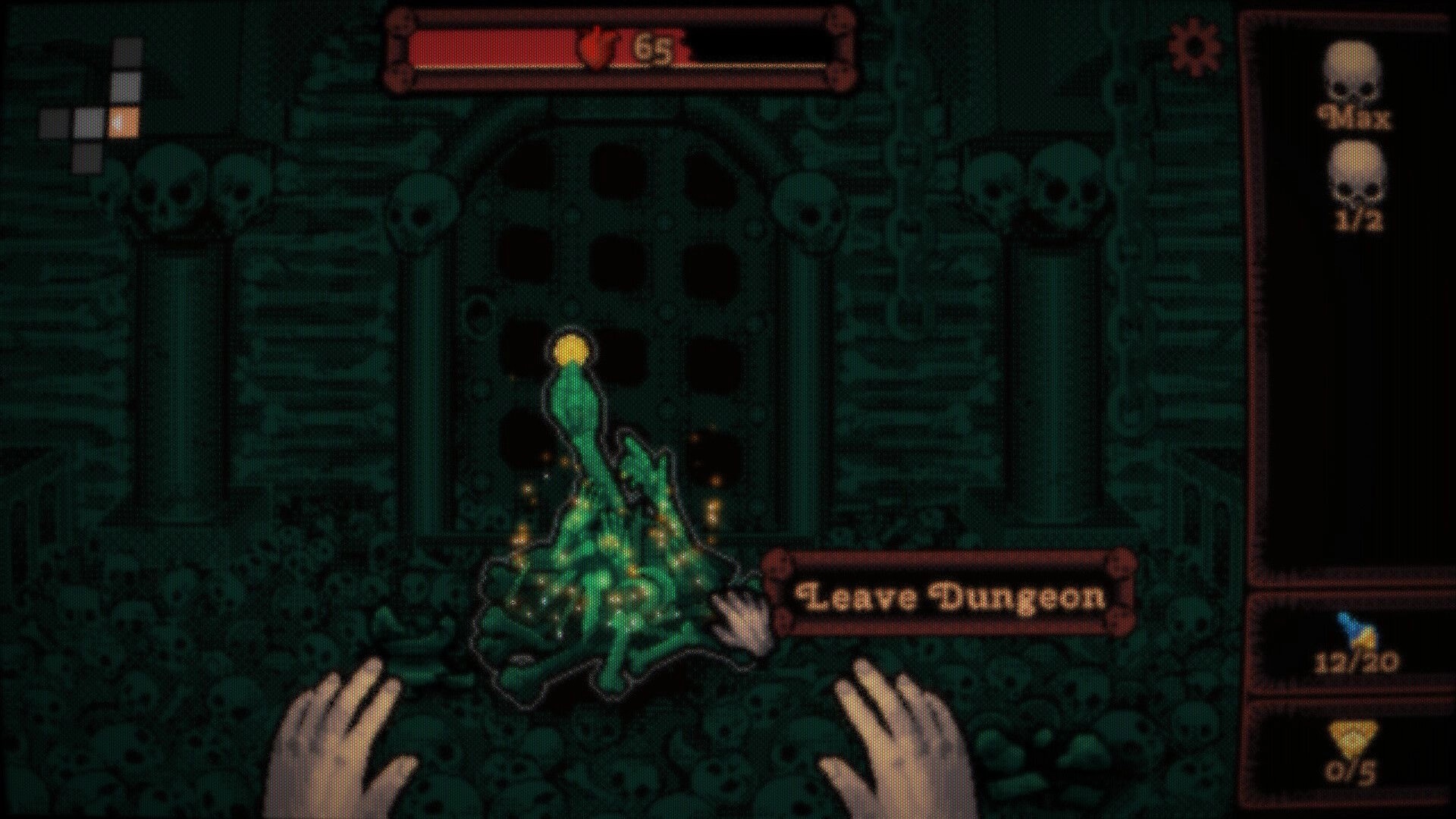 DEORUM: Hand cursor over Leave Dungeon button by glowing green loot pile in skull-lined dungeon gate.