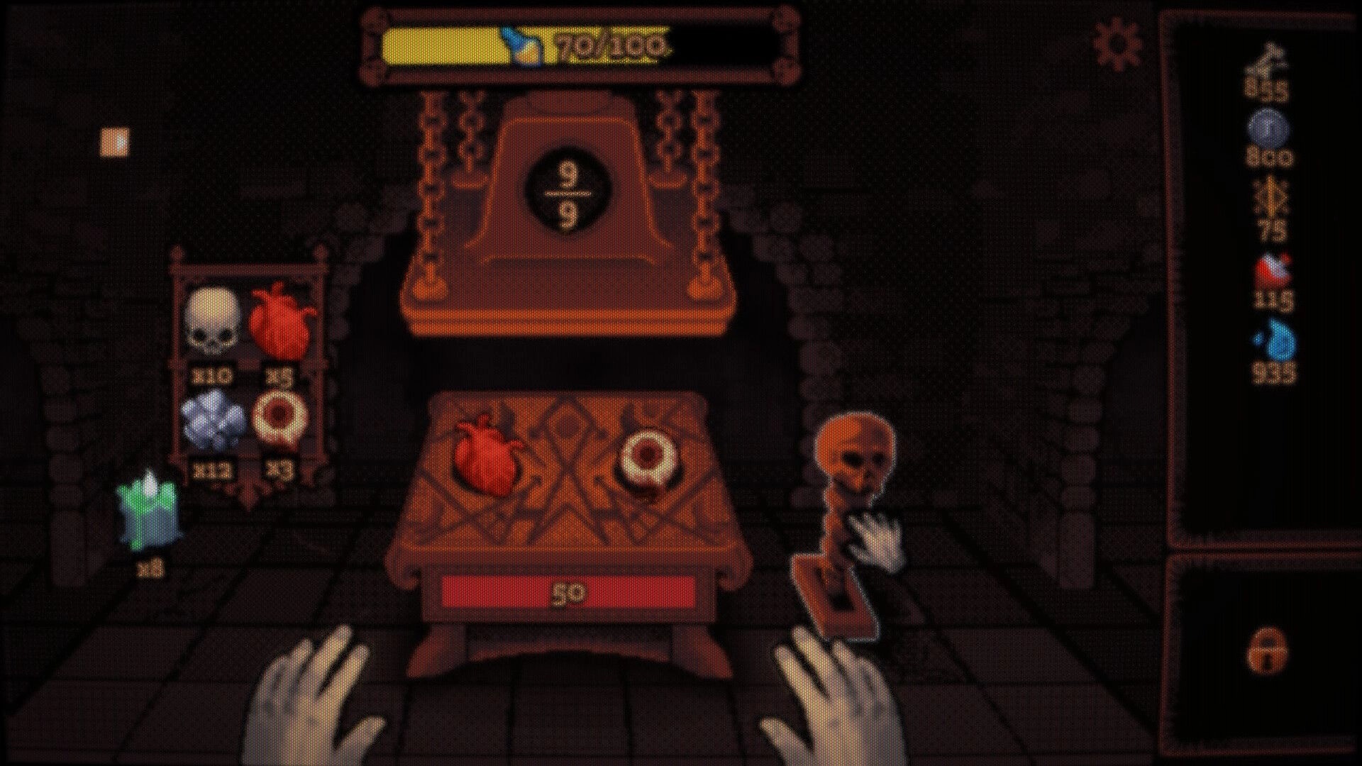 DEORUM: Crafting altar with heart and eyeball on table, resource icons and hands in dark dungeon room.