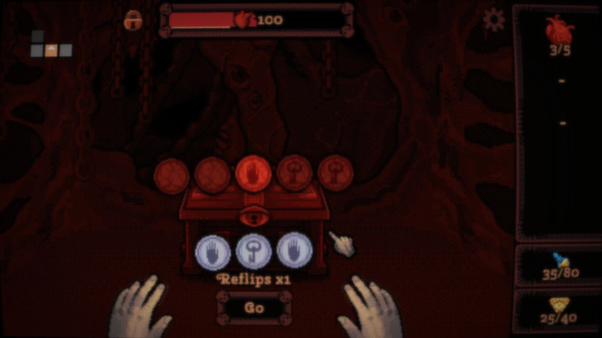DEORUM: Coin altar crafting UI with red and blue tokens and Go button in a chained dungeon chamber.