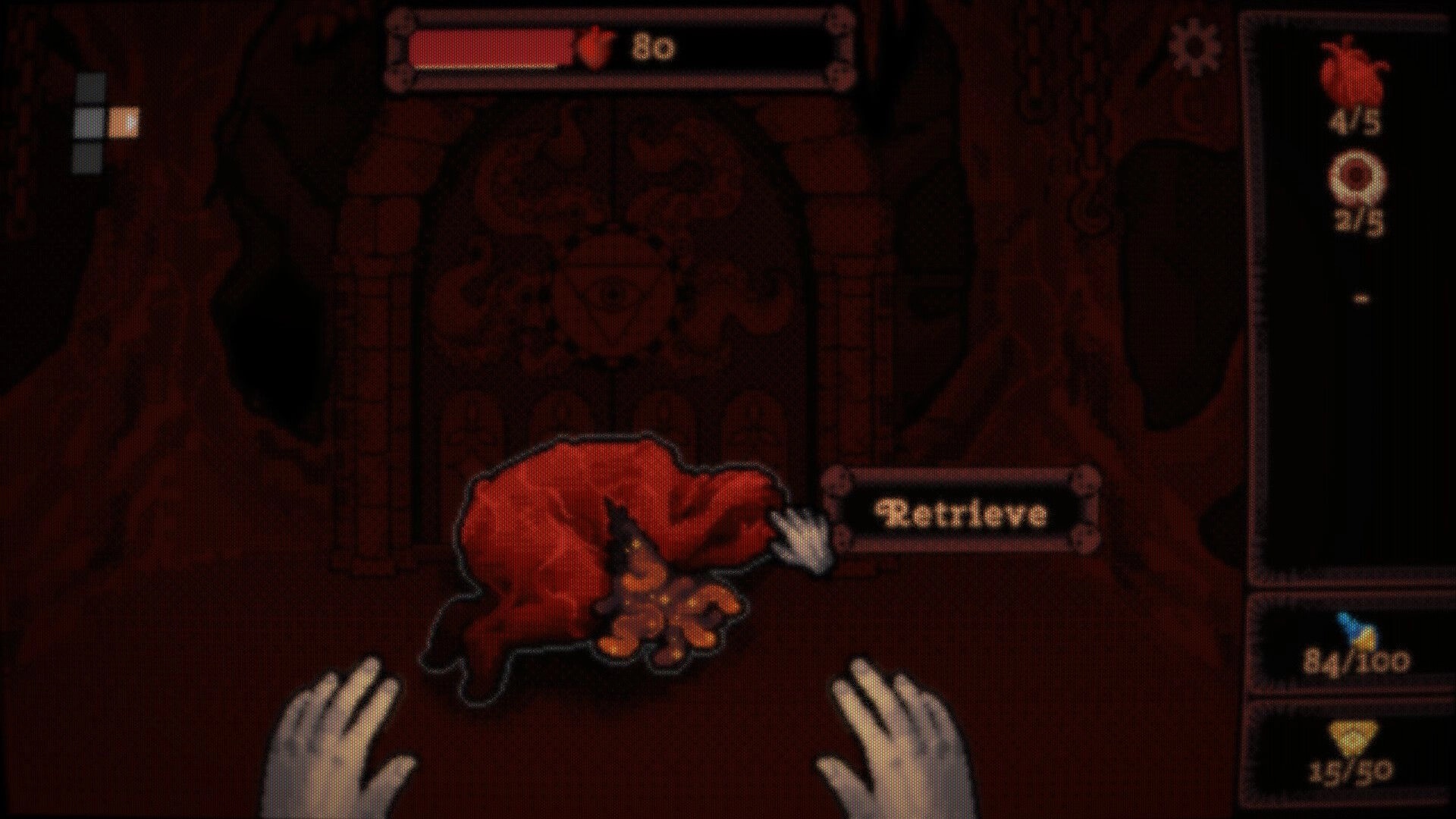 DEORUM: Hand cursor retrieving a red organ on a table in a dim stone chamber with HUD bars.