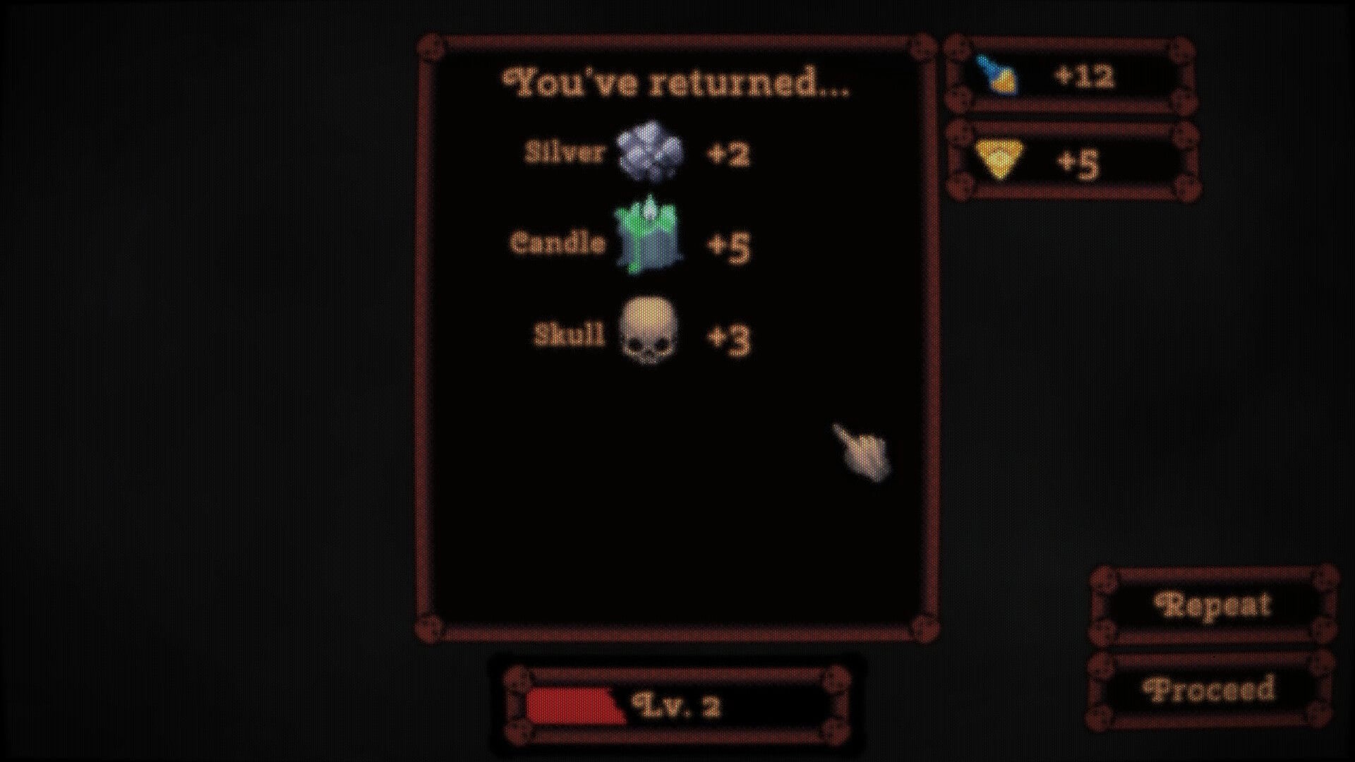 DEORUM: Return loot summary UI listing silver, candles, and skulls with Repent and Proceed buttons.